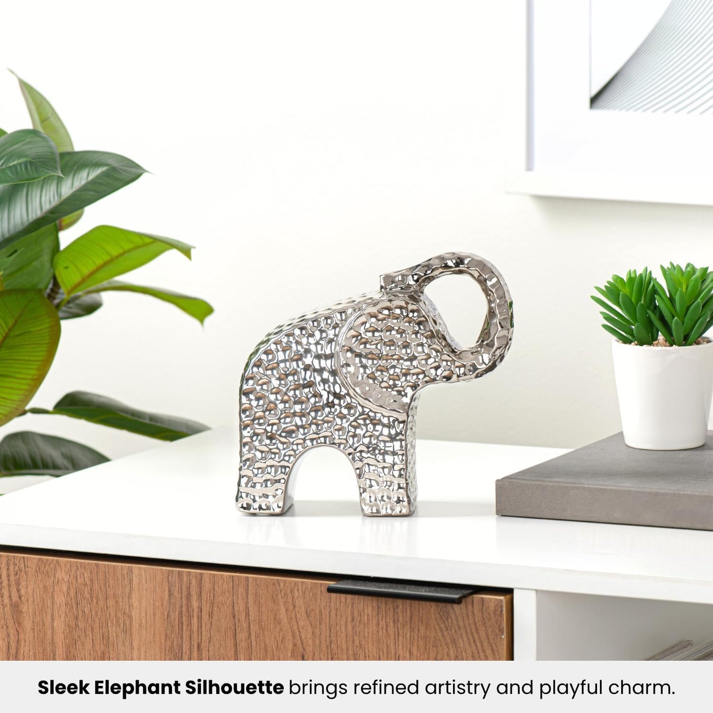 Chrome Ceramic Elephant Figurine / 6.5 Inch / Silver