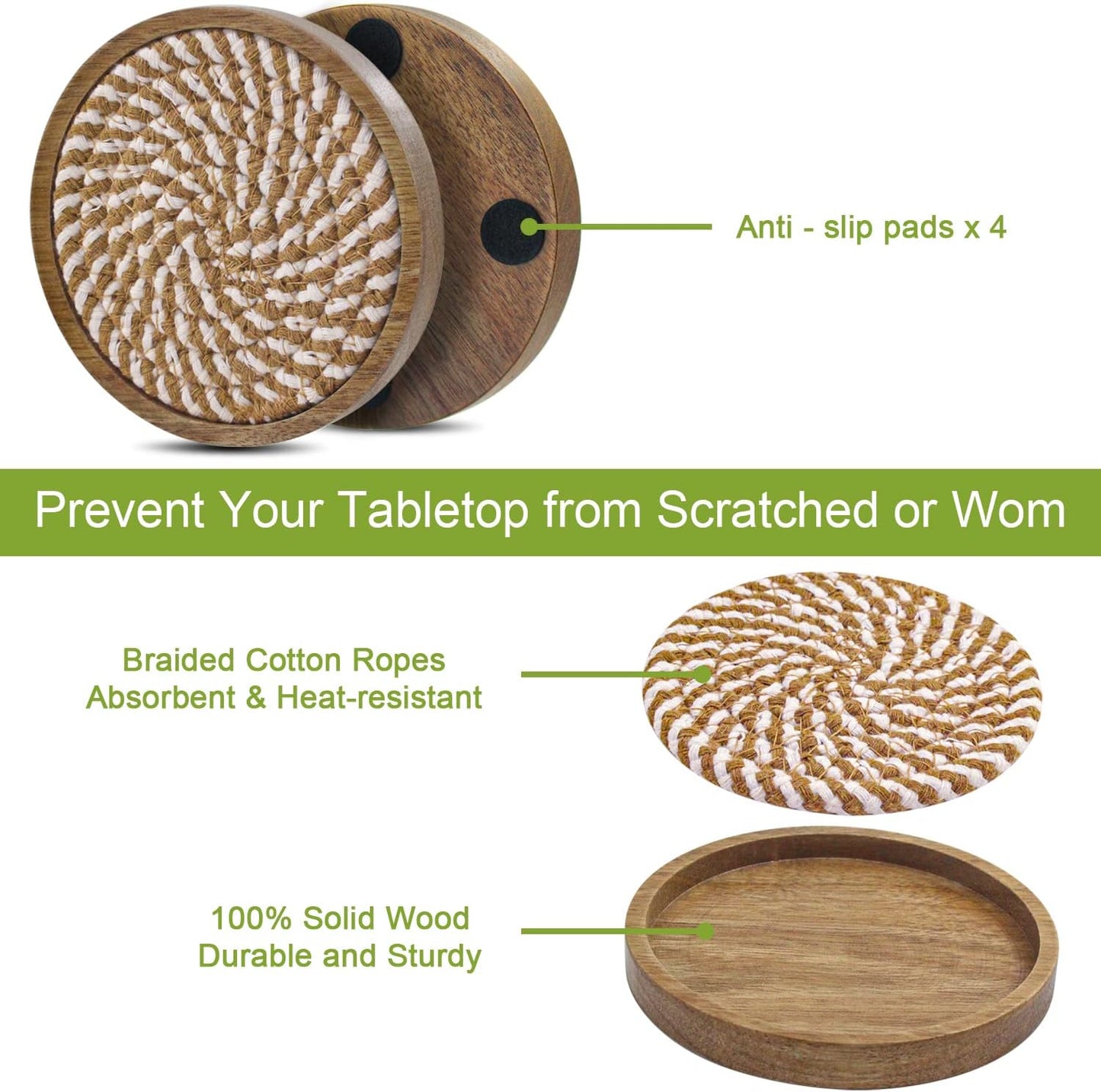 Wooden Drink Coasters / Borwn & White / 4.3 Inch / Set of 5