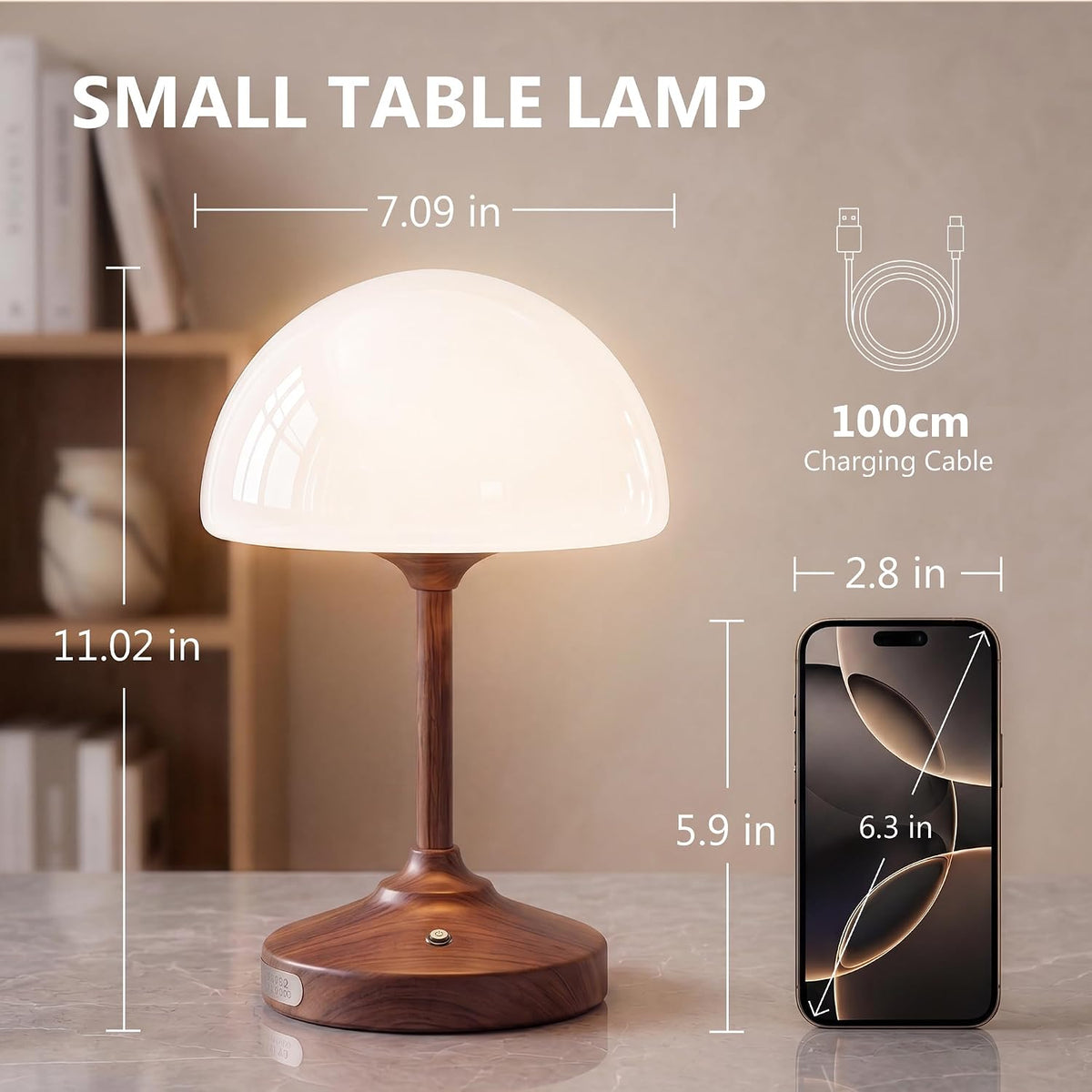 Table Lamp Cordless Lamp,5000mAh Rechargeble Battery Operated Lamp | 11.02" Small Bedside Desk Lamps for Living Room