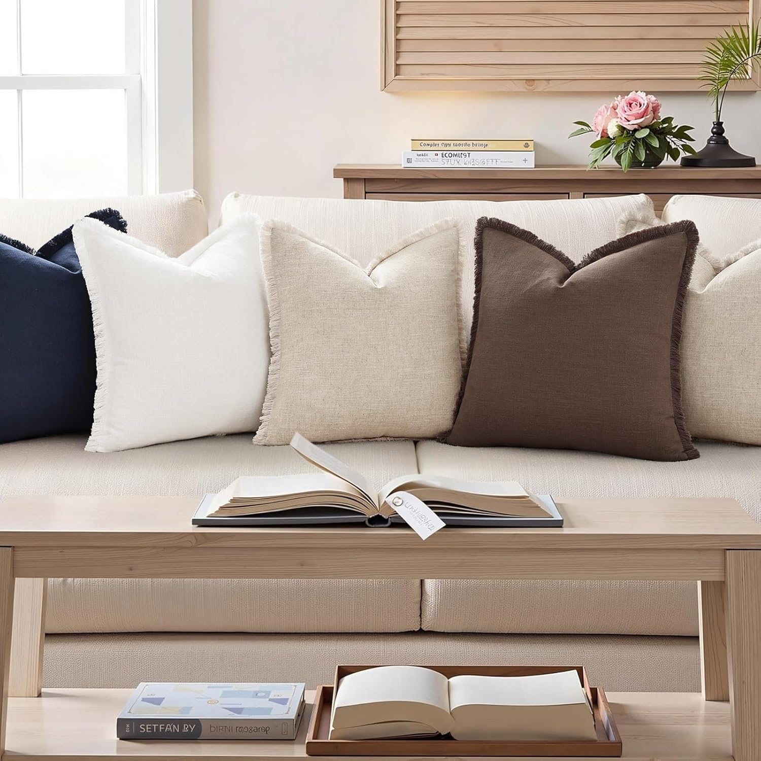 Summer Decorative Neutral Linen Fringe Throw Pillow Covers Pillow / Dark Grey / 18 x 18 / Set of 2