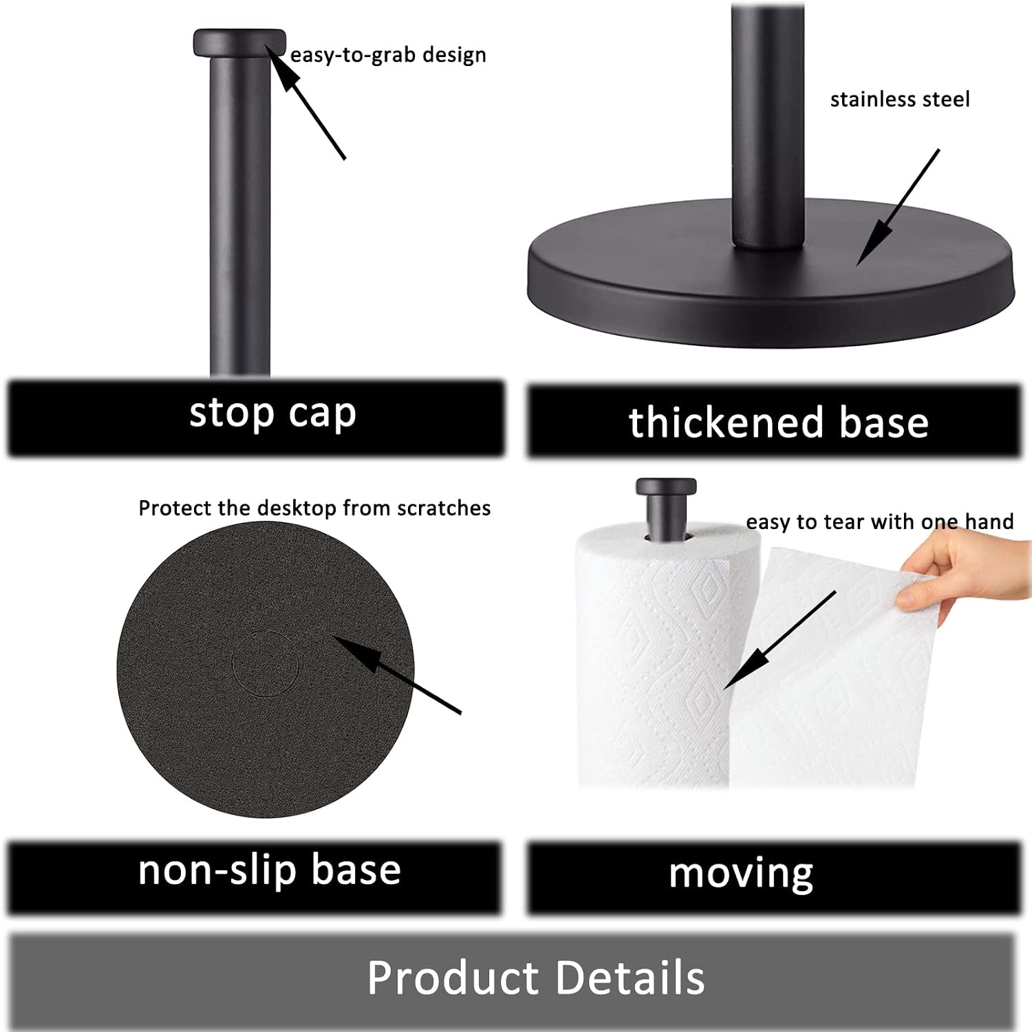 Black Standing Paper Towel Holder for Kitchen& Bathroom Countertop,Under Counter, Table Or BBQ, Standard or Jumbo-Sized