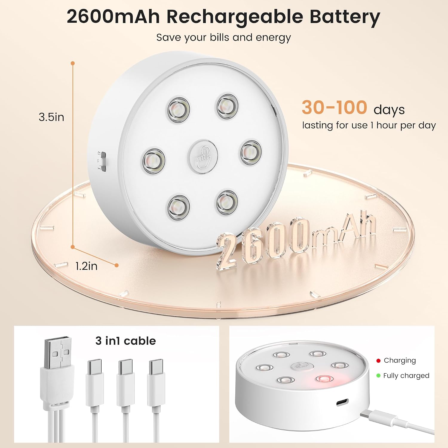 Rechargeable Under Cabinet Lighting 6 Pack, Wireless LED Puck Lights with Remote Control Sync and Groupable, 2600mAh