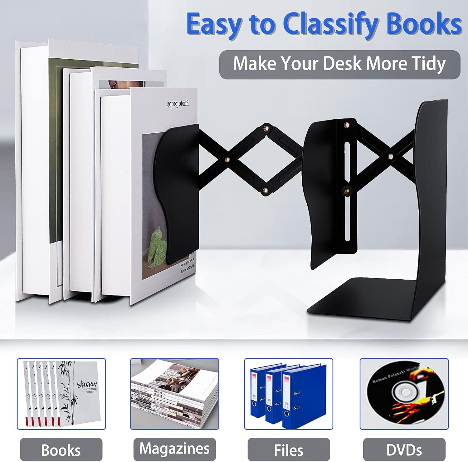 Metal Adjustable Book Ends Decorative Bookends / Black