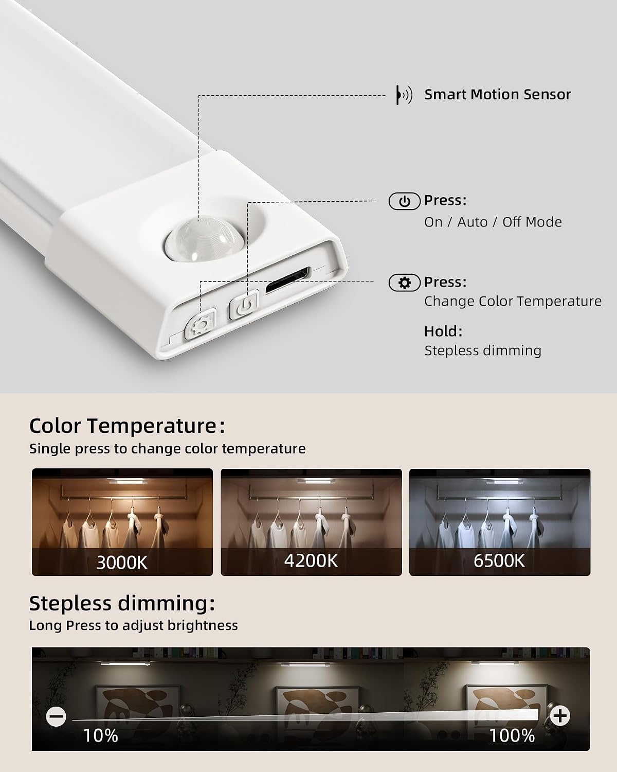 EZVALO 6-Pack Under Cabinet Lighting, Wireless Closet Lights, 50 LED Rechargeable Motion Sensor Light, Dimmable, 3
