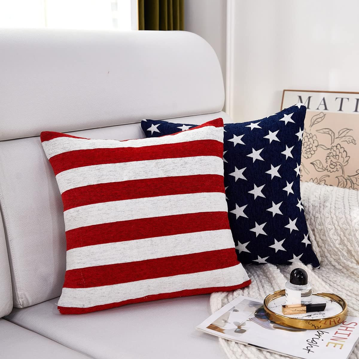 Soft Chenille Decorative Patriotic Throw Pillow Cover Case / Blue Stars / 18 x 18 / Set of 2