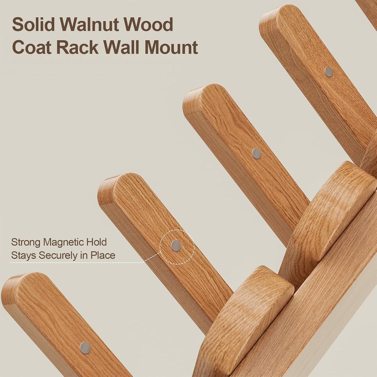 Solid Walnut Coat Rack Wall Mount, 16.5" Wood Wall Mounted Coat Rack with 8 Retractable Hangers,Heavy Duty Wooden Coat