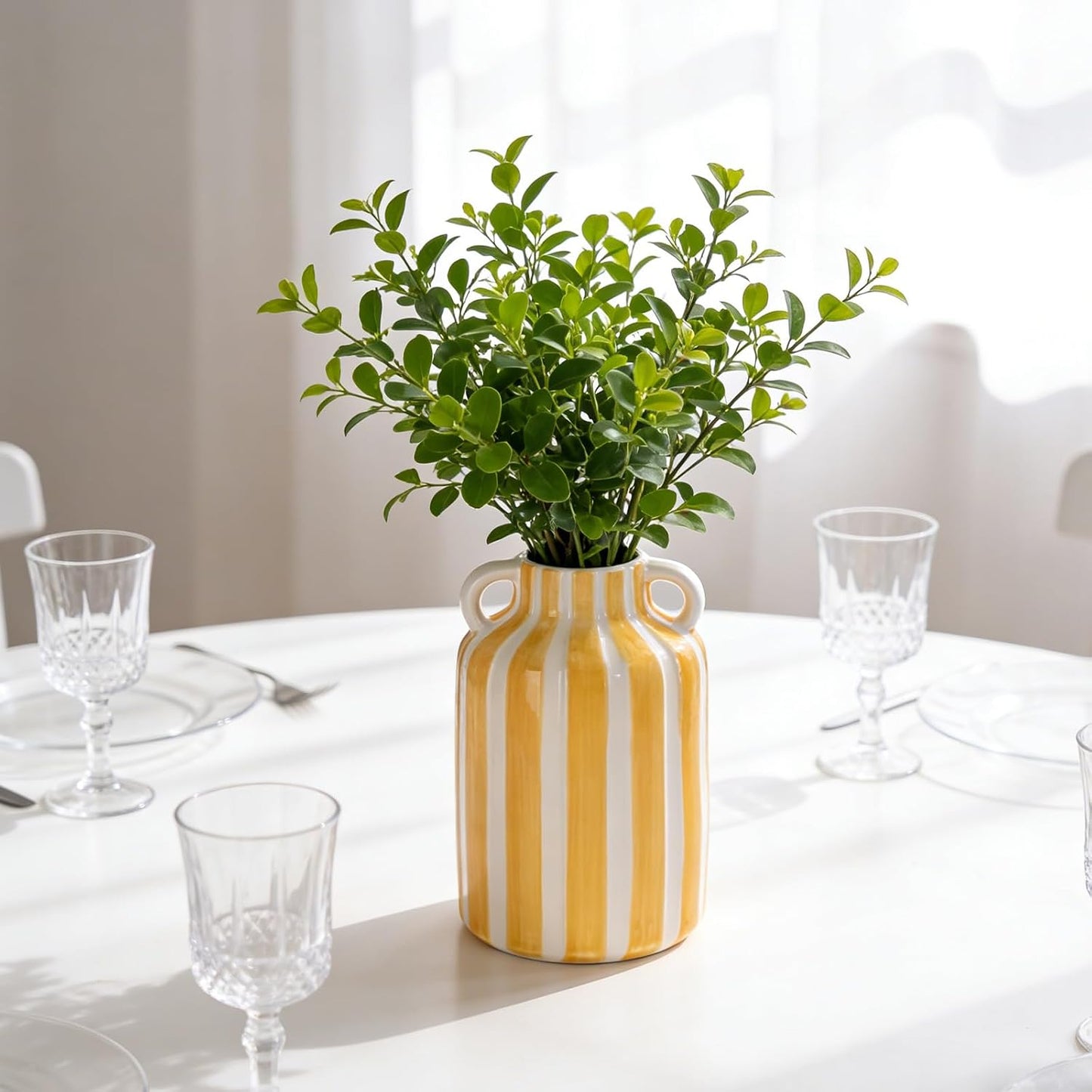 Ceramic Striped Checkered Vase / Yellow White