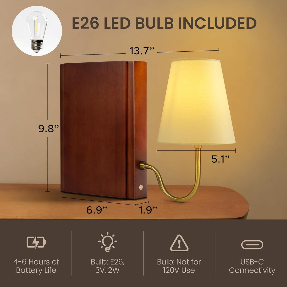 Solid Wood Bookshelf Lamp with Bulb, Cordless Rechargeable Touch Dimmable Table Lamp with Linen Fabric Shade, Modern