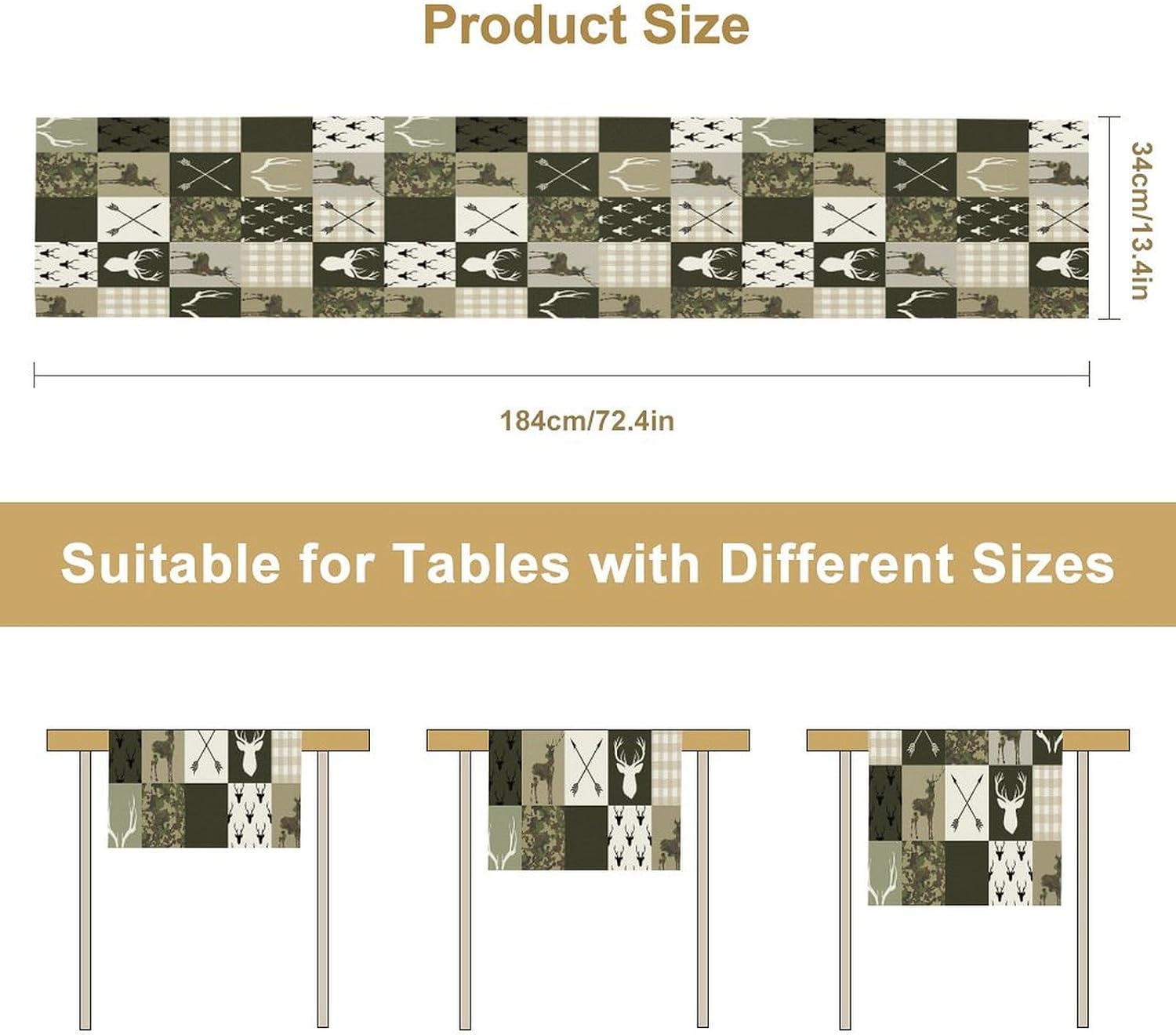 Farmhouse Moose Deer Bear Table Runner,Camouflage Vintage Bear Cottage Country Style Pattern Printed Linen Table Runner