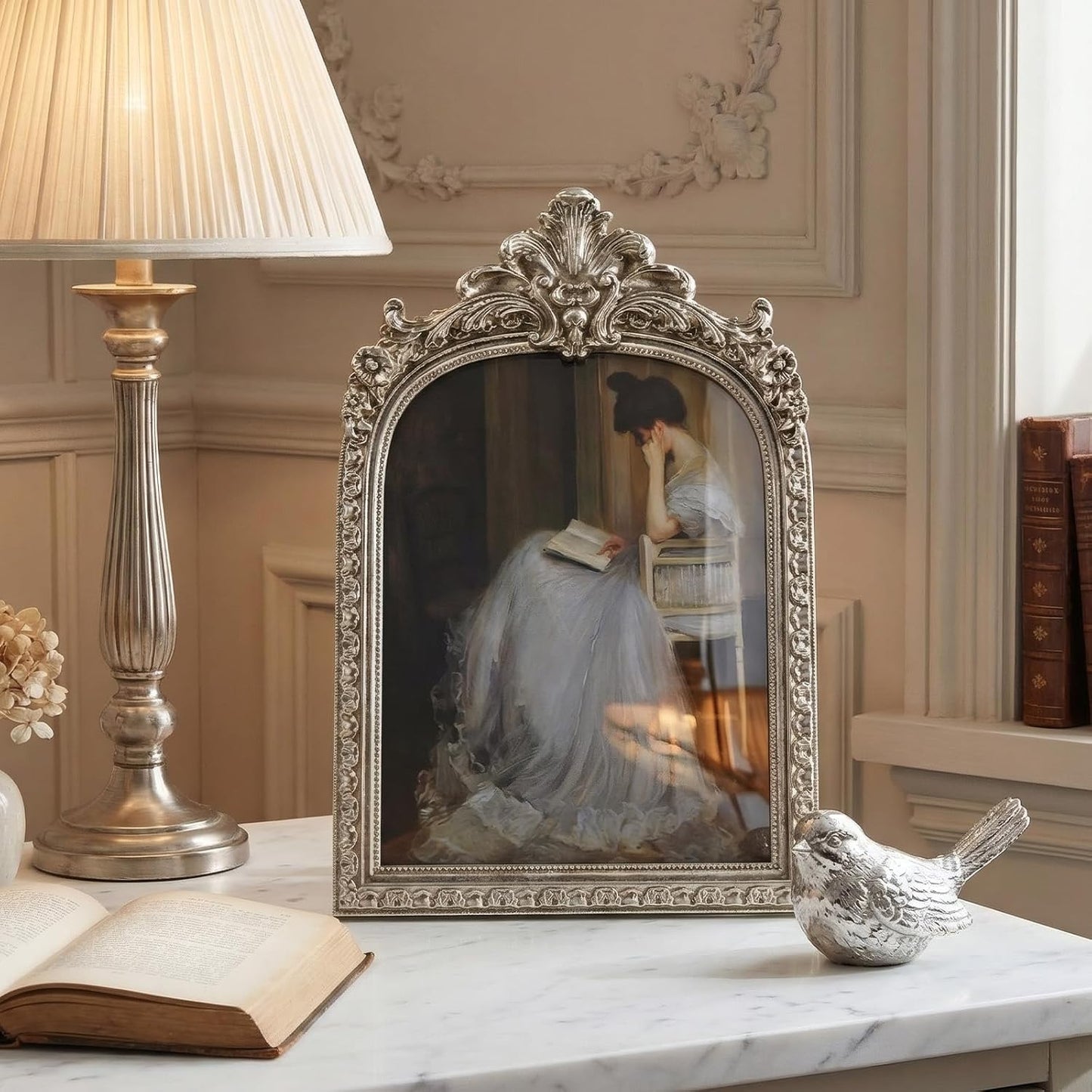 Vintage Ornate Arched Photo Frame / Silver Arch / 8 x 10