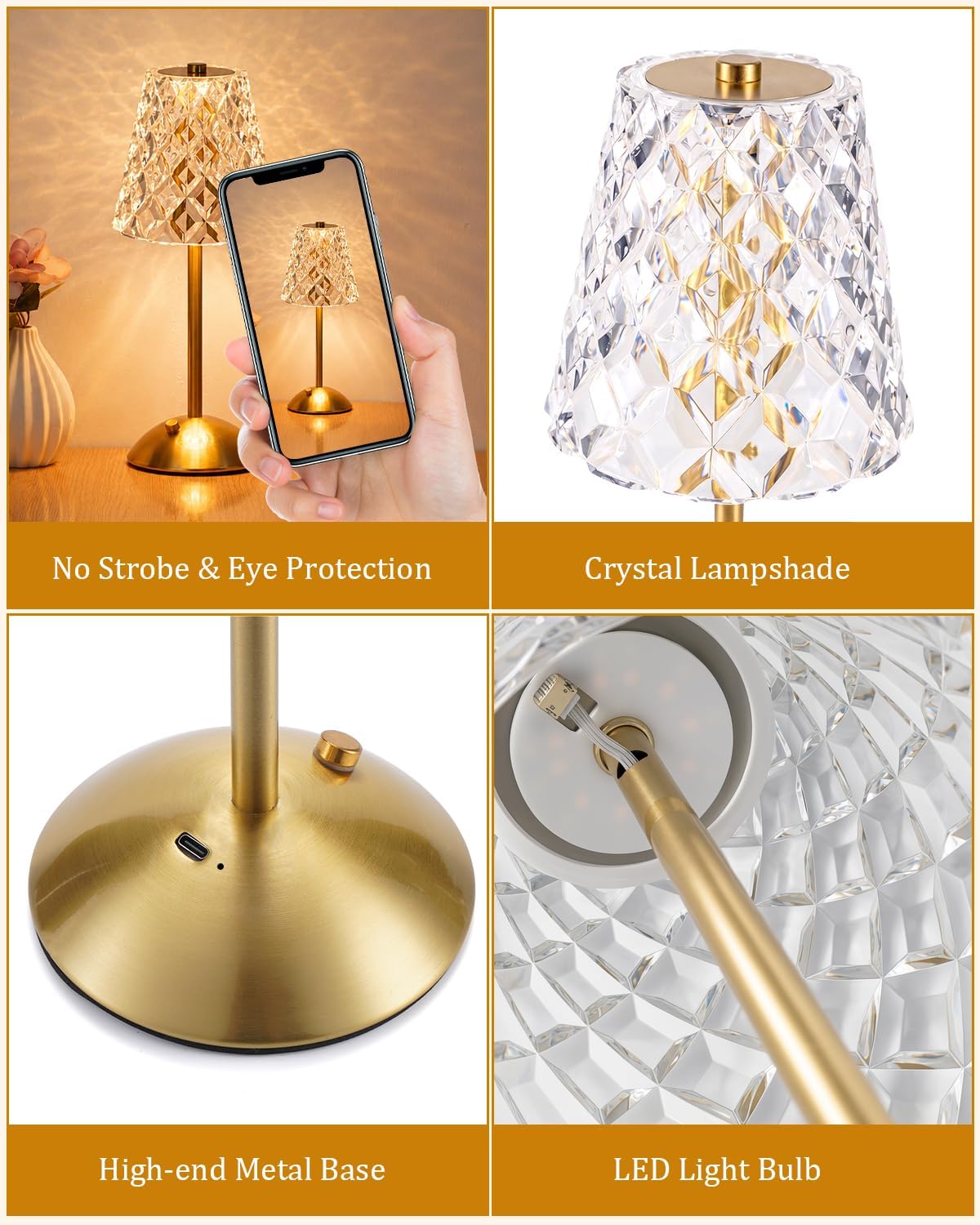 Nusogon Rechargeable Cordless Table Lamp, Gold Small Battery Powered Lamp | 3 Color Dimmable Small Bedside Lamp, LED