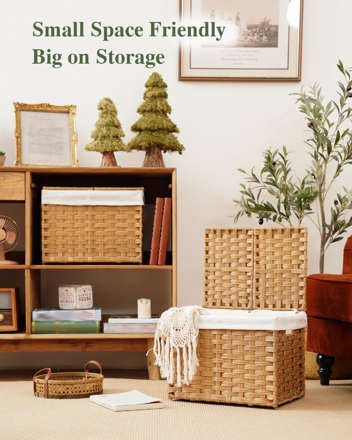 Lid Woven Wicker Baskets / Natural / 35l-15.7l*11.8w*11.8h