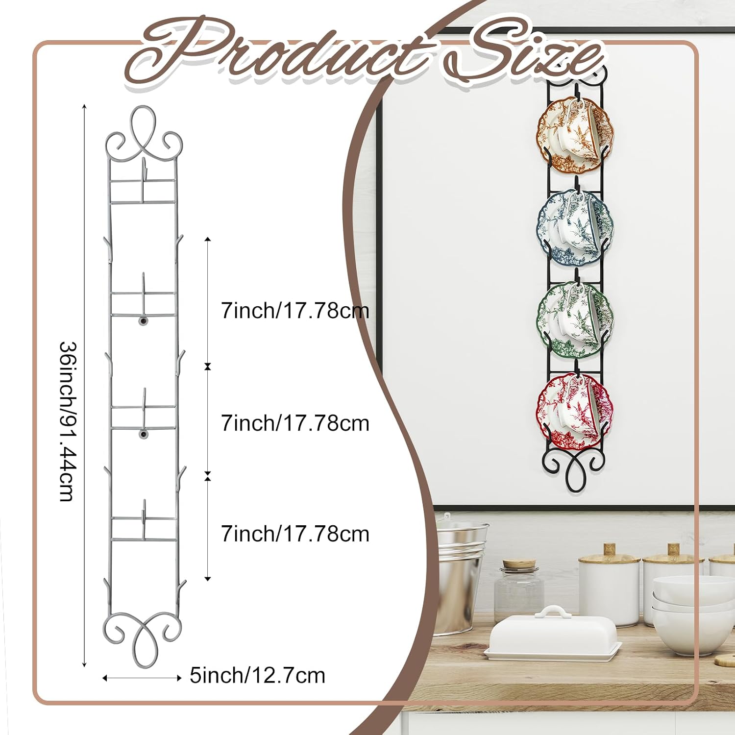 Blulu 1 Pcs Wall Mounted Tea Cup & Saucer Display Rack 4 Tiers,White | 36 x 5 Inch Vertical Metal Mug & Plate Hanger