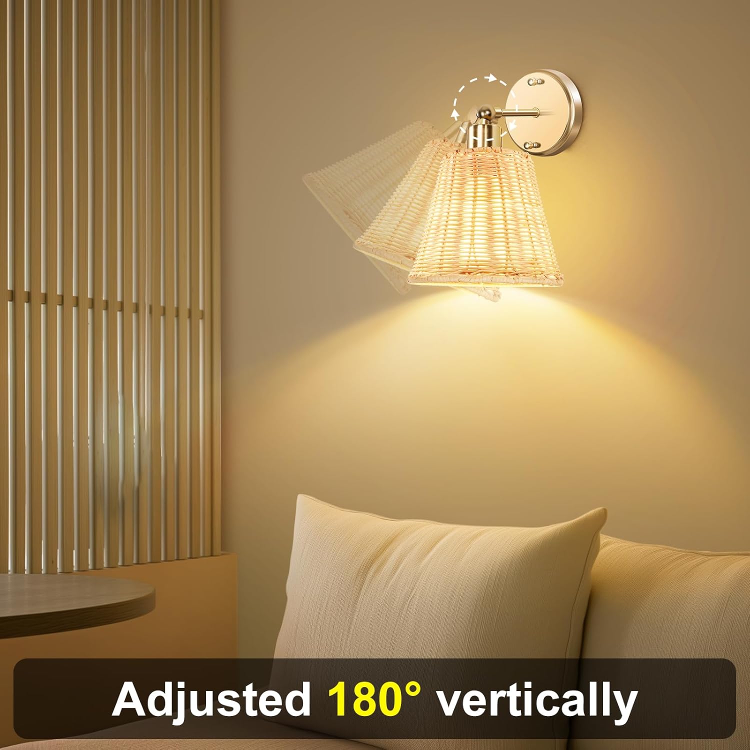Frideko Rattan Rechargeable Battery Operated Wall Sconces Set of Two with Remote, 3 Colors Dimmable Wireless Wall