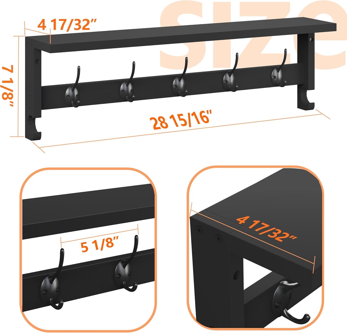 AMBIRD Coat Rack Wall Mount with Shelf, 28.9 Inches Coat Hooks Wall Mounted with 5 Hooks, Hat Wall Hooks for Hanging in