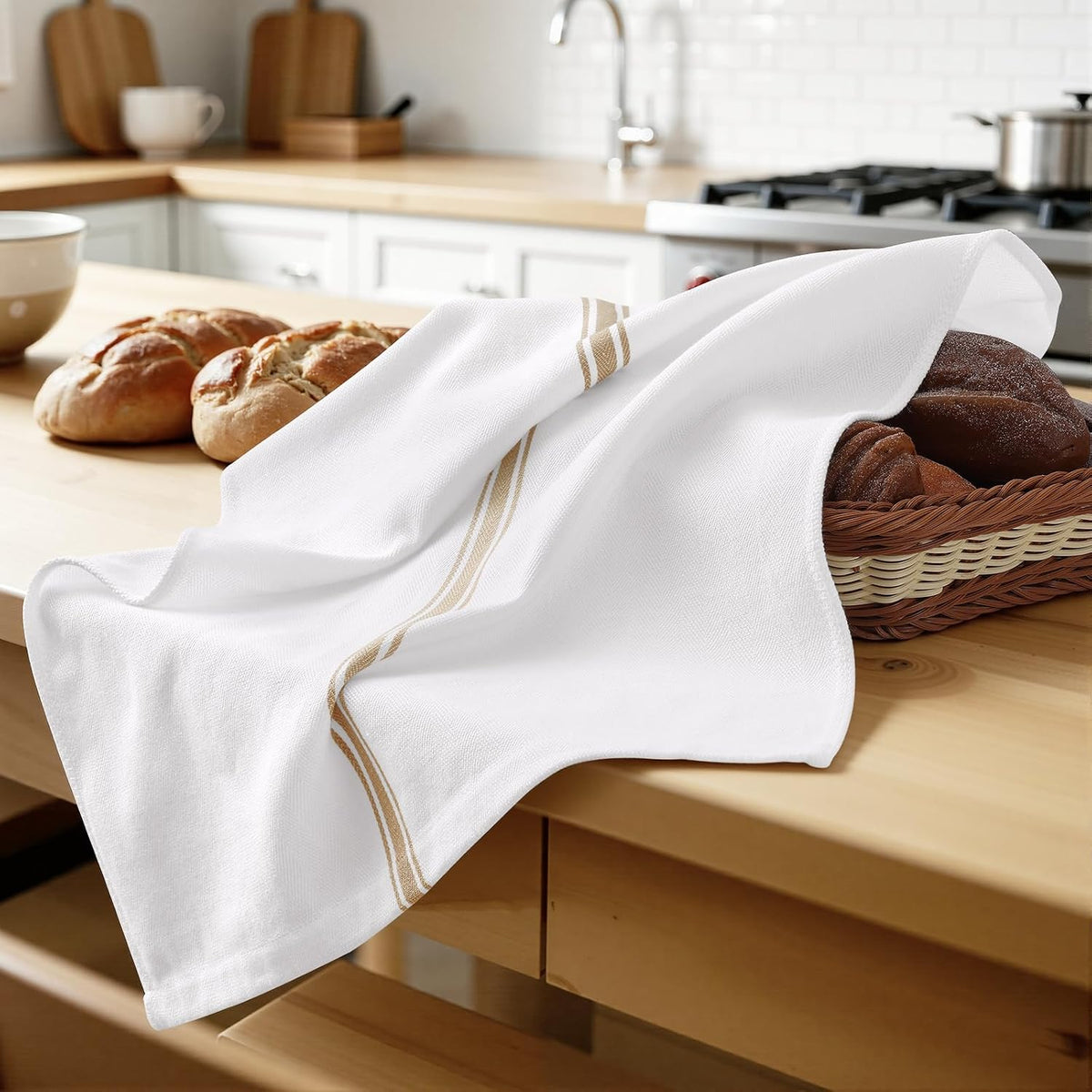 Homaxy 100% Ring Spun Cotton Kitchen Towels 24 Pack, Khaki Stripe | 15 x 25 Inch, Highly Absorbent Dish Towels for