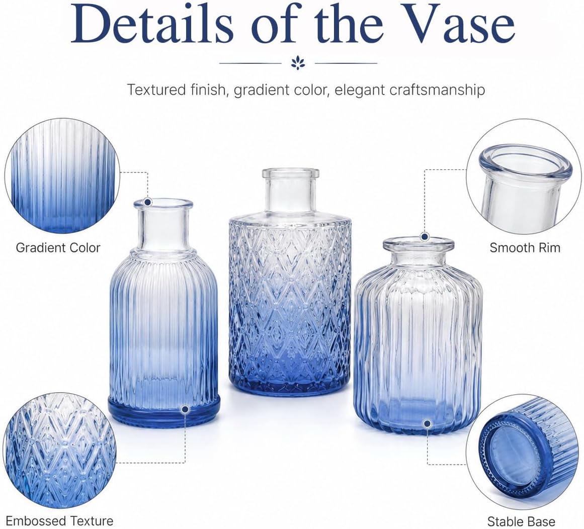 Glass Vase / Petal Petite Small Glass Bud Vase / Blue / Set of 18
