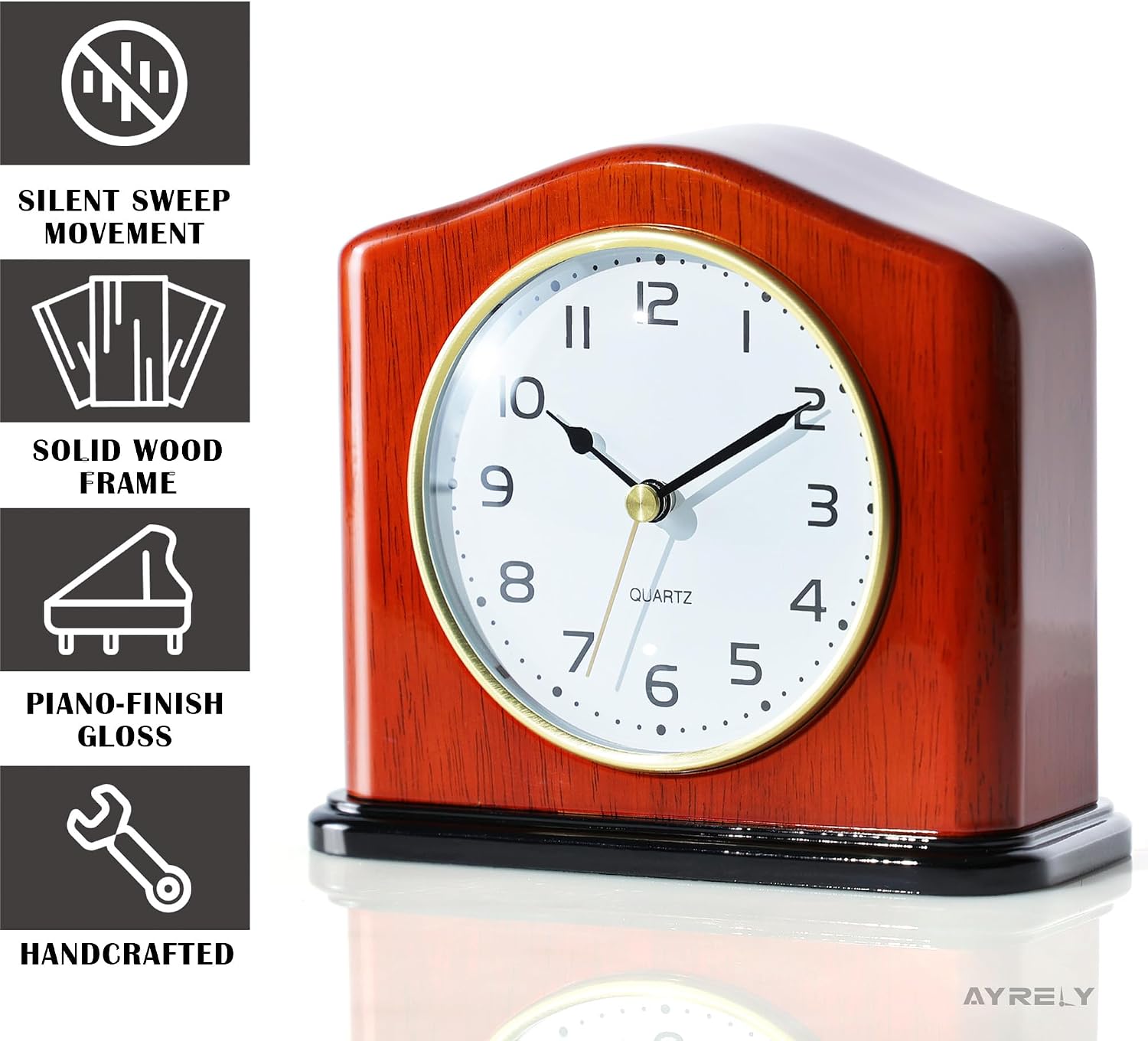 AYRELY® Mantel Clock, Handcrafted Solid Wood Desk Clock with Silent Movement, Piano-Gloss Finish, Elegant Table Clock