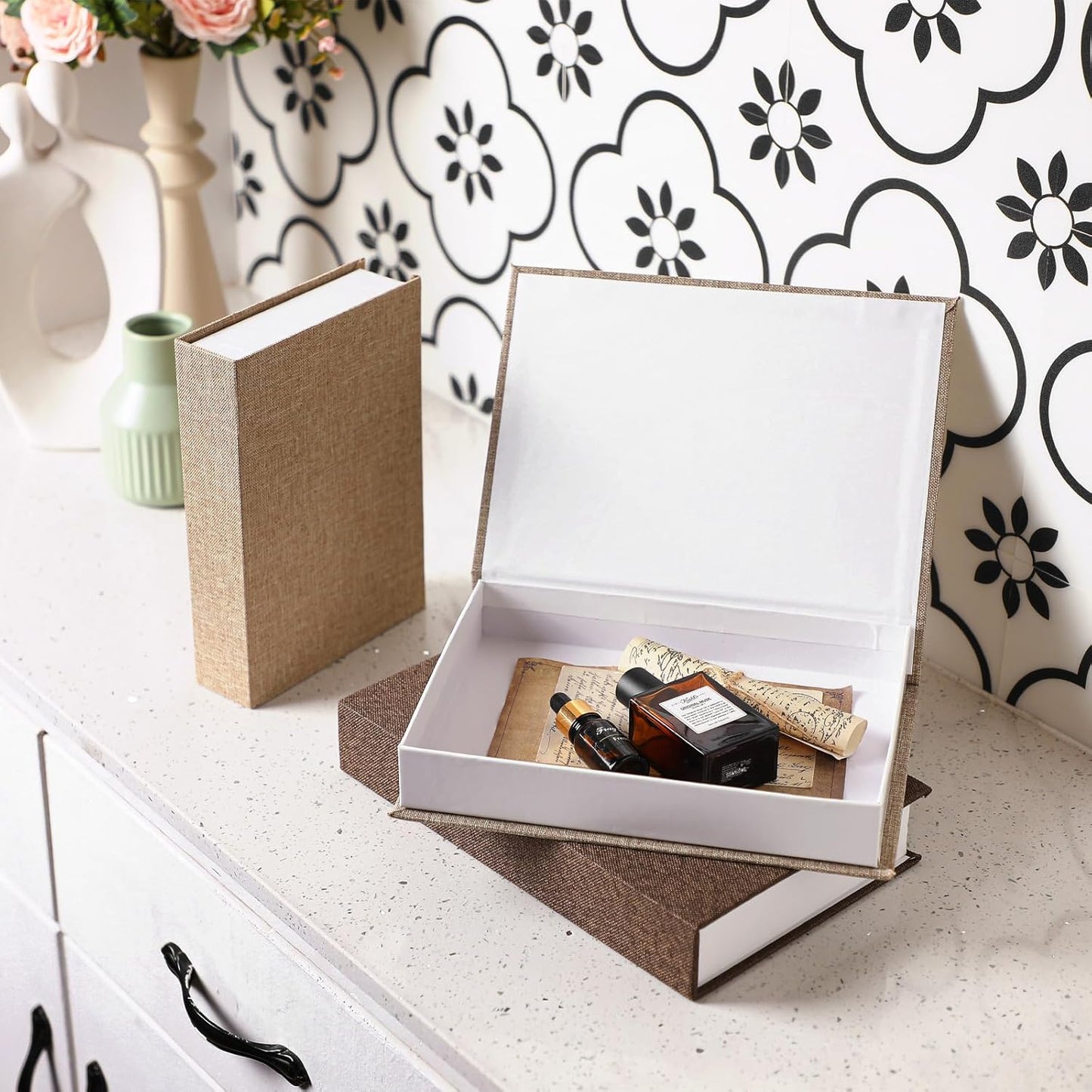 Fake Book Box Neutral Linen Book Box / Multi Sizes / Khaki, Dark Coffee, Light Coffee / Set of 3