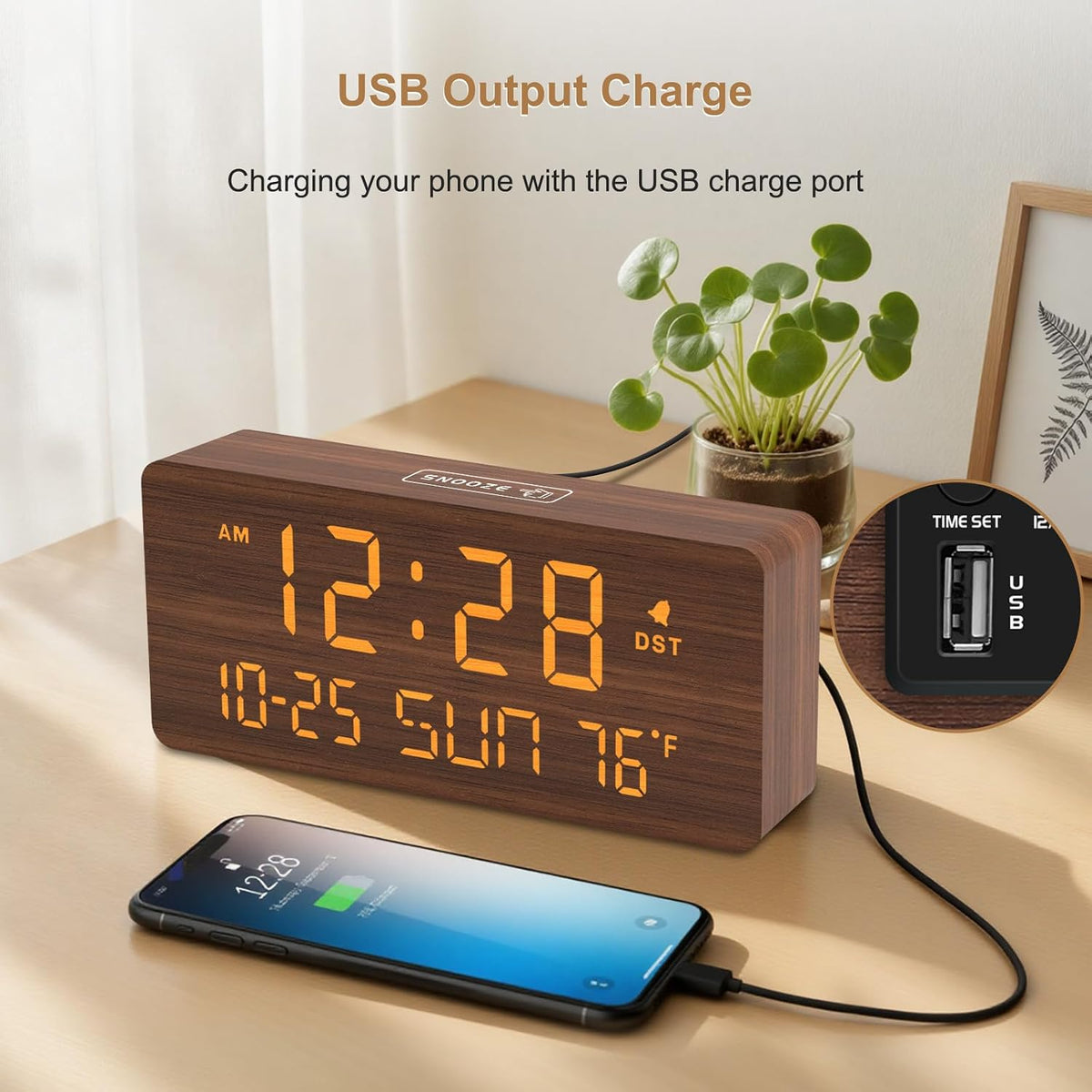 DreamSky Wooden Digital Alarm Clocks for Bedrooms with Date & Day of Week | Living Room Desk Clock, Temperature, USB