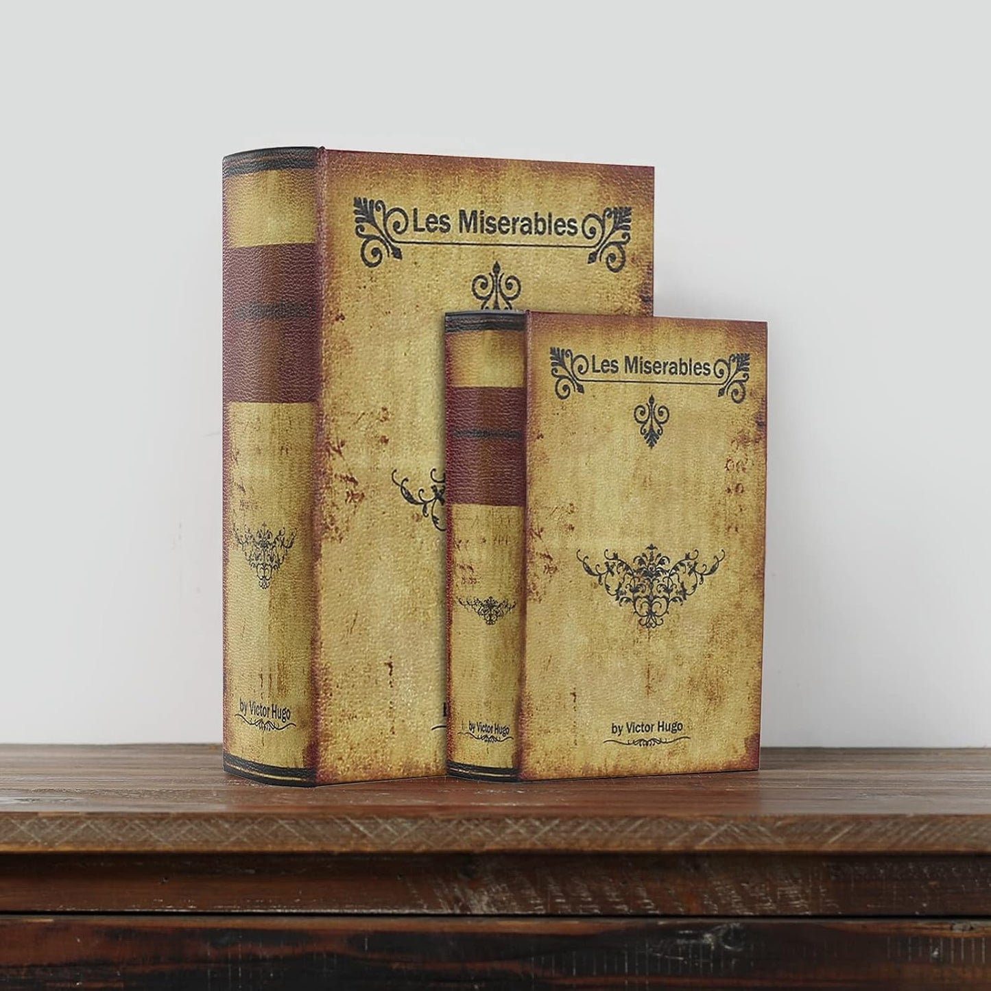 Decorative Book Box Antique Wooden Realistic Faux Wood Storage Set / Les Miserables / Set of 2