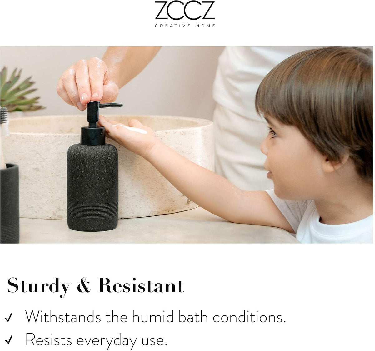 Black Stone Bathroom Accessories Set 6 Pieces - Toothbrush Holder, Lotion Dispenser, Qtip Container, Vanity Tray