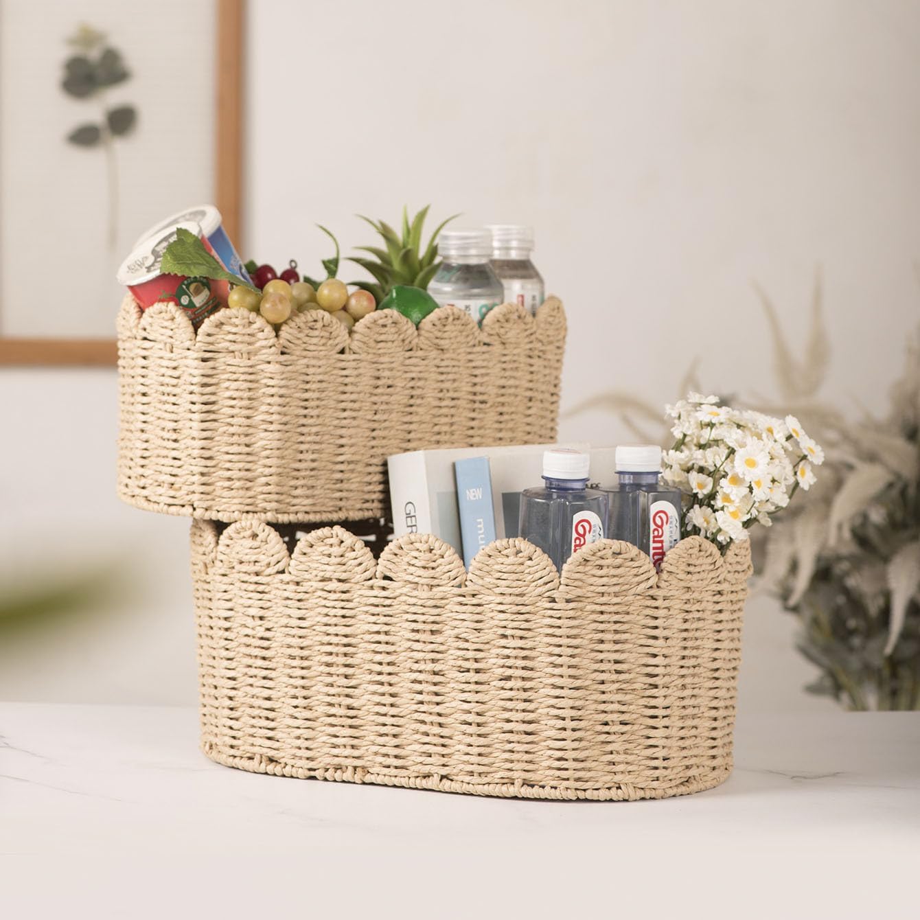 Scalloped Basket / Hand Woven Baskets / Ellipse-16"l x 10"W x 7"H / Natural / Set of 2