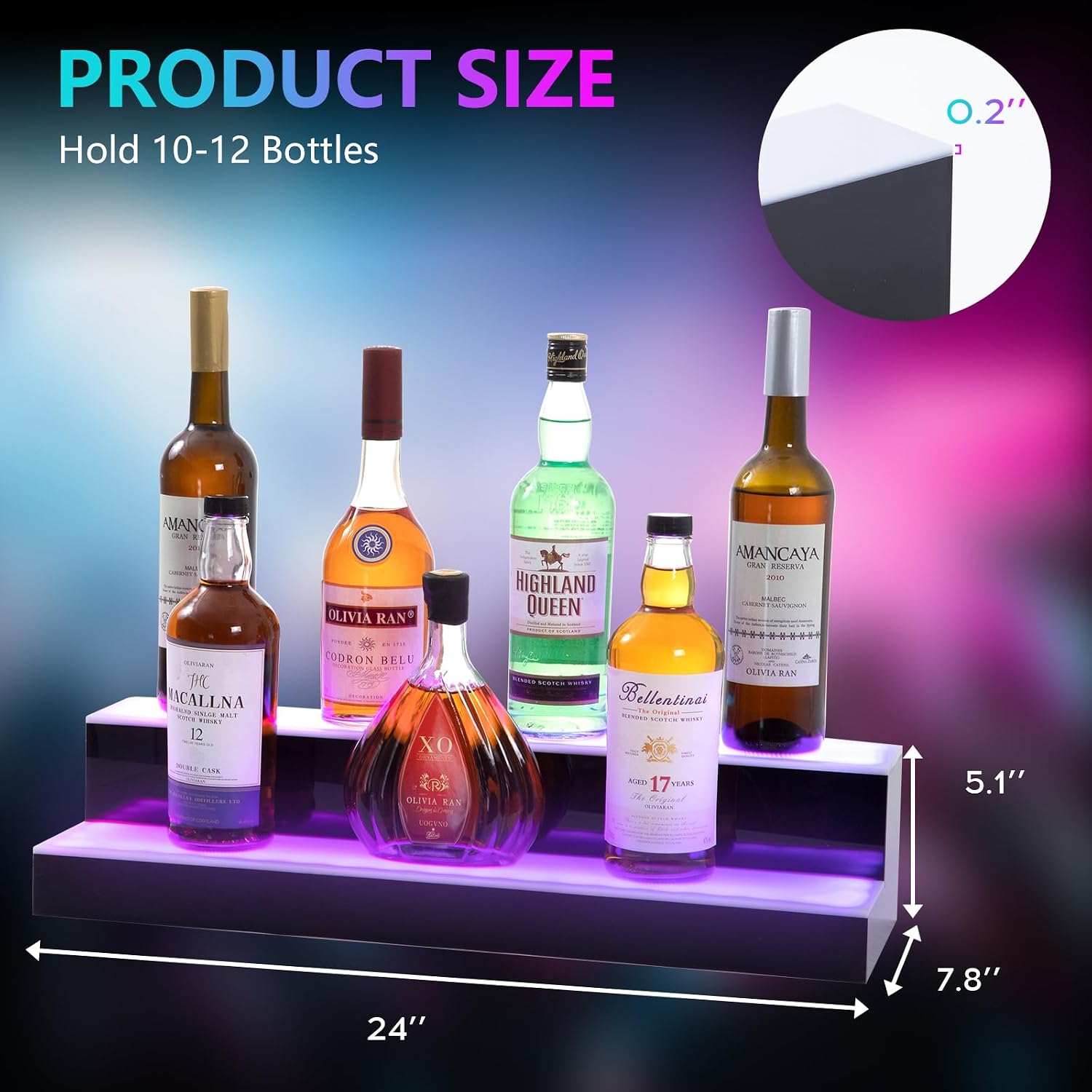 Led Lighted Liquor Bottle Display Shelf, 24 Inch 2 Tier Whiskey Rack, Support USB, Bar Stand with RF Remote & App