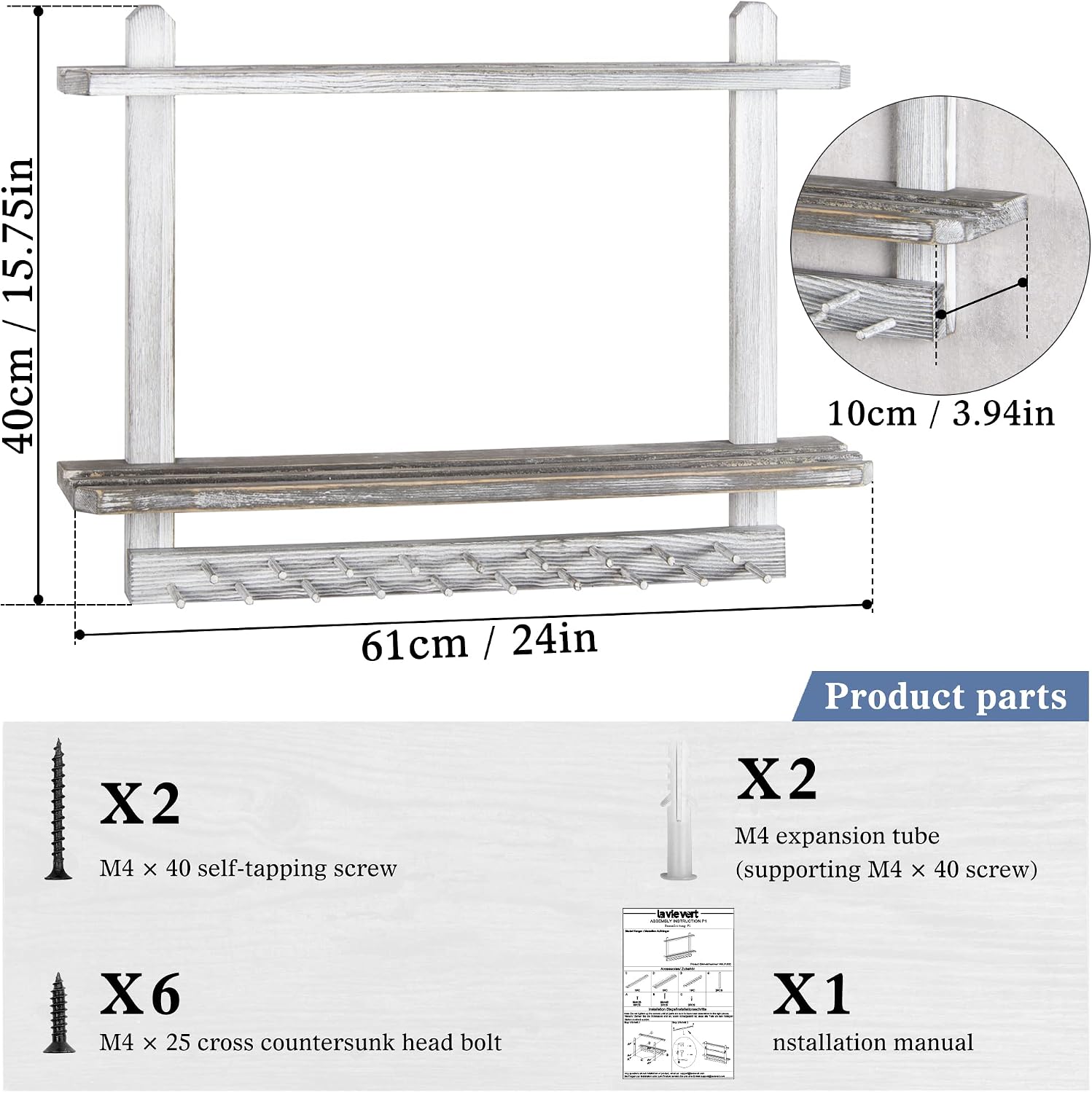 LAVIEVERT Wooden Medal Hanger & Trophy Shelf, Wall-Mounted Race Display with 2 Tier Storage Shelf and 19 Hanging Bars