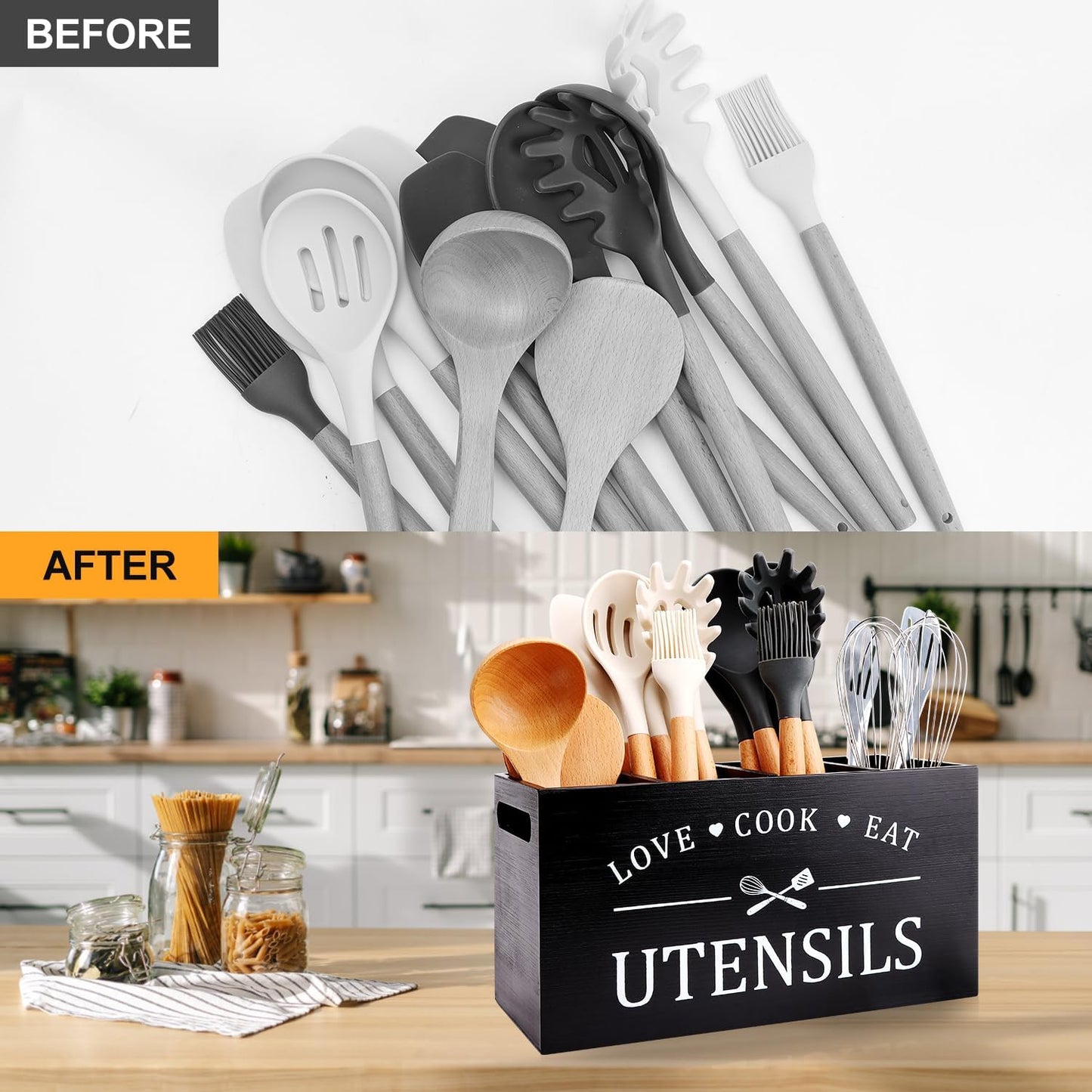 Black Extra Large Wood Cooking Utensil Holder Kitchen Spatula Spoon Holder | Wooden Utensils Caddy for Kitchen