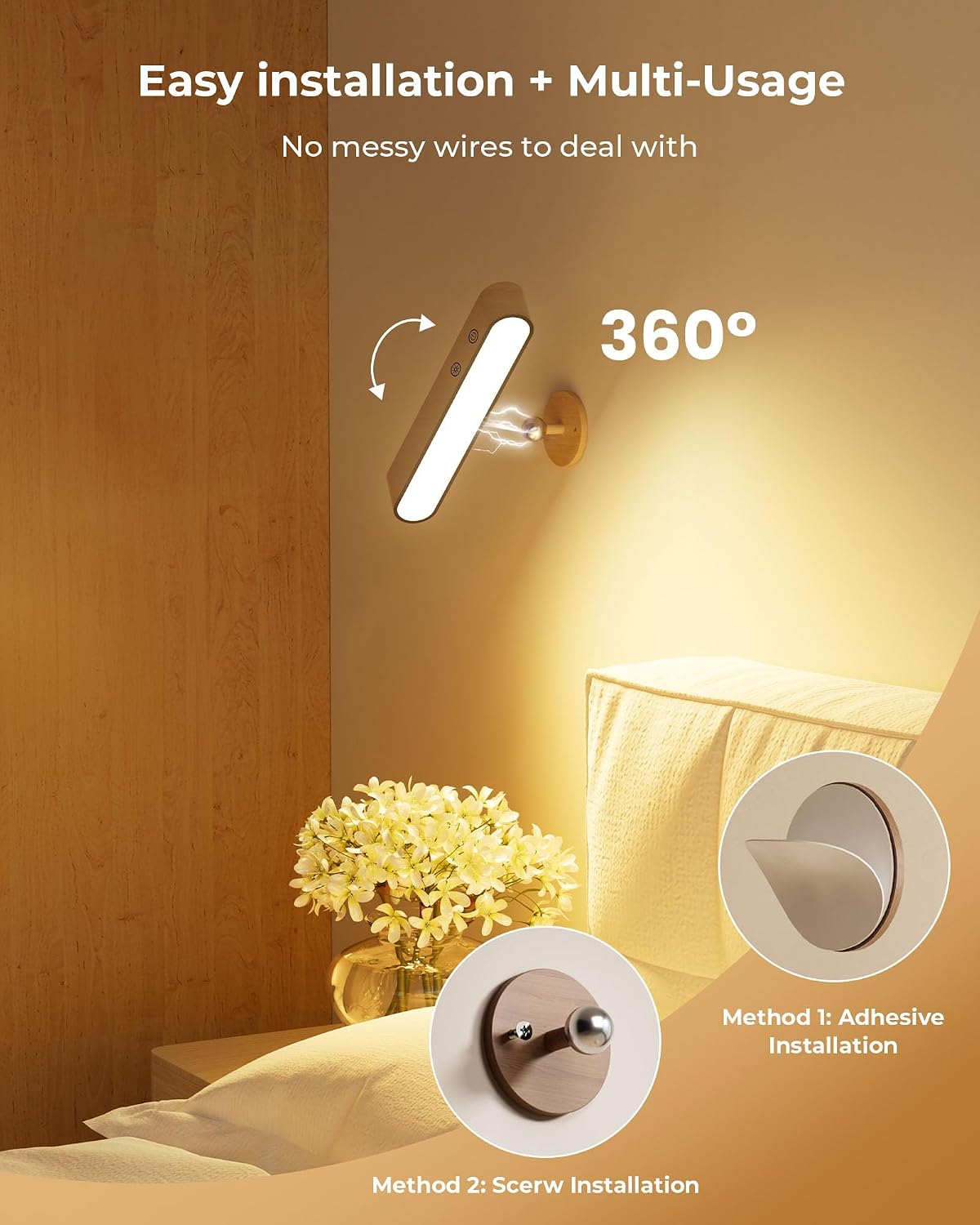 Rechargeable Wall Sconce, Battery Operated Indoor Wall Lights for Bedroom, Touch and Remote Control, 360° Rotate Walnut