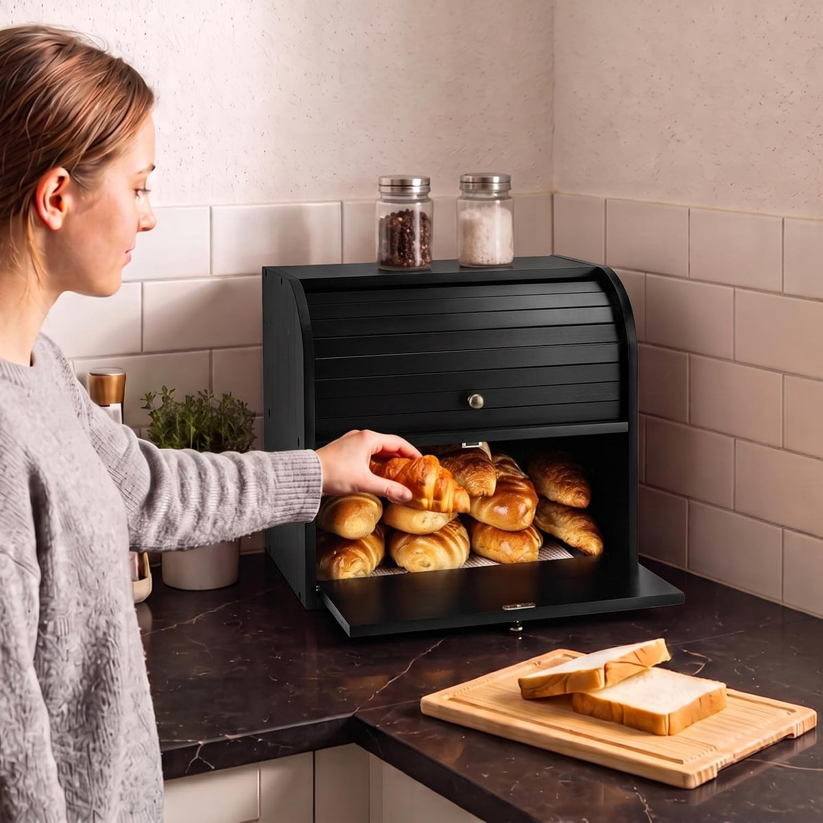 Alpeir Roll Top Bread Box with Cutting Board for Kitchen Countertop, Black | Large Breadbox with Ventilation Holes