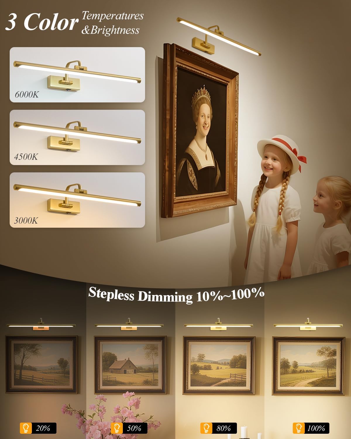 Picture Lights for Wall Battery Operated, Rechargeable Light for Pictures with Remote & Timer, Gold Art Light for