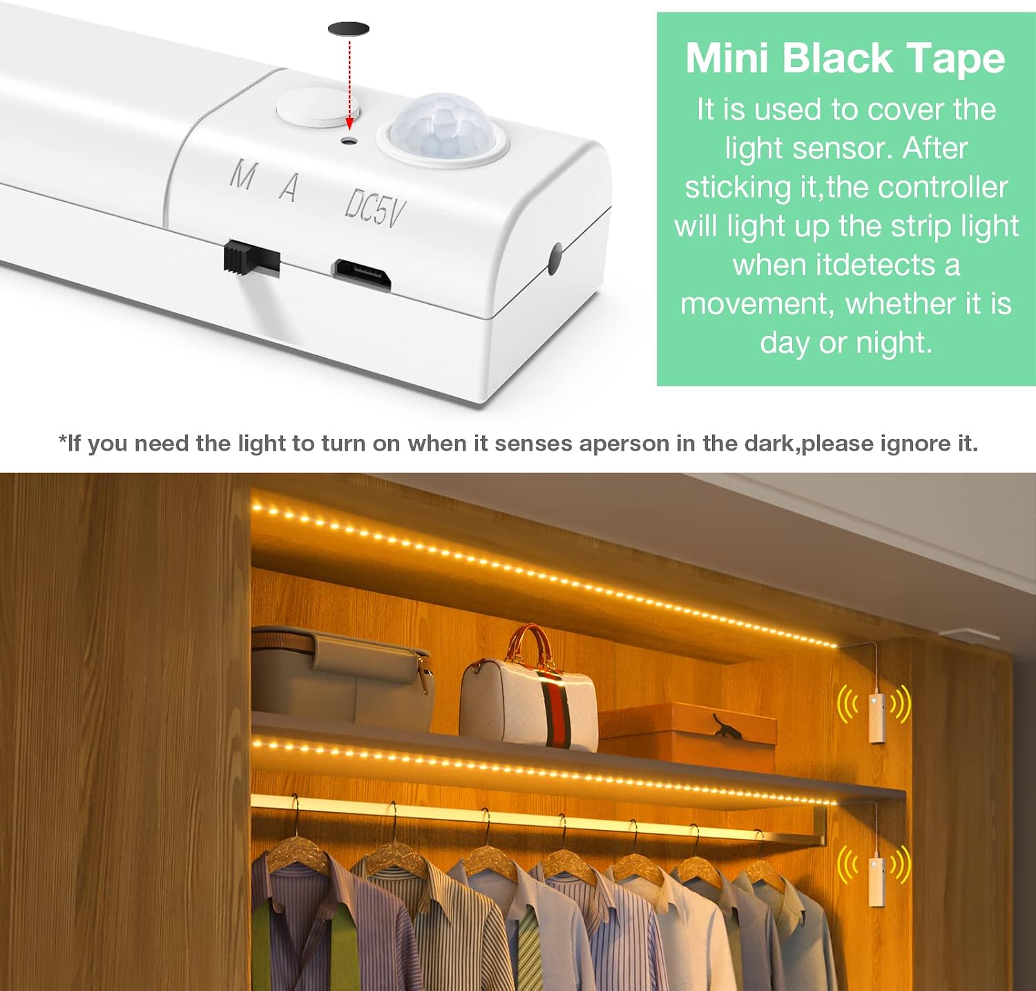 WOBANE 16.4ft Dual Motion Sensor Under Bed Lights,Rechargeable LED Strip | Battery Powered Tape Light for
