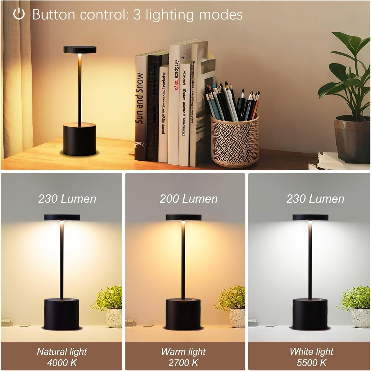 2-Pack Cordless Rechargeable LED Table Lamp (Matte Black) | 5000mAh Battery, 3-Color Stepless Dimming, IP54 Waterproof