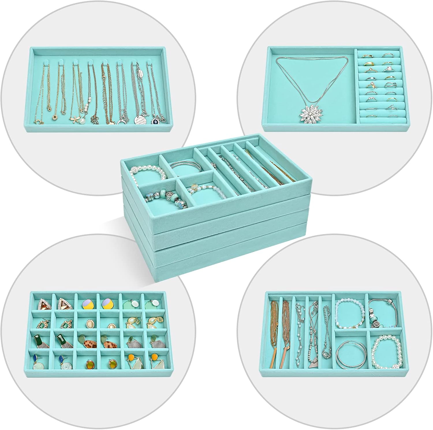 Stackable Jewelry Organizer Trays for Drawers / 4 Layers / Blue