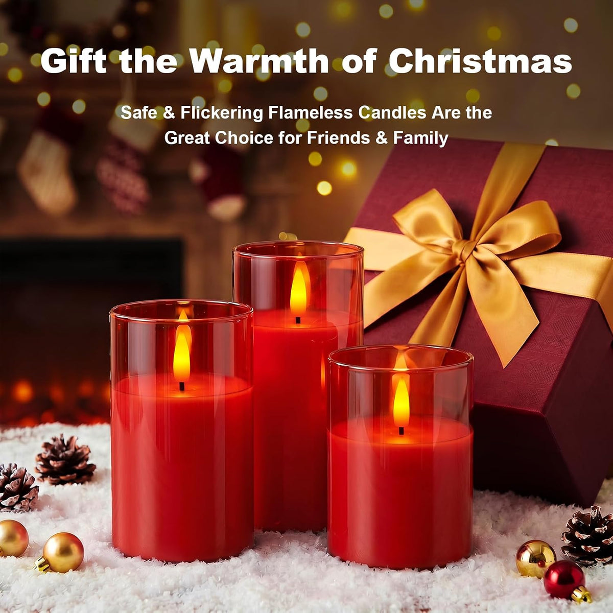 Amagic Red Glass Flameless LED Candles Battery Operated with Remote Timer | Real Wax Pillar Electric Candle, 3D