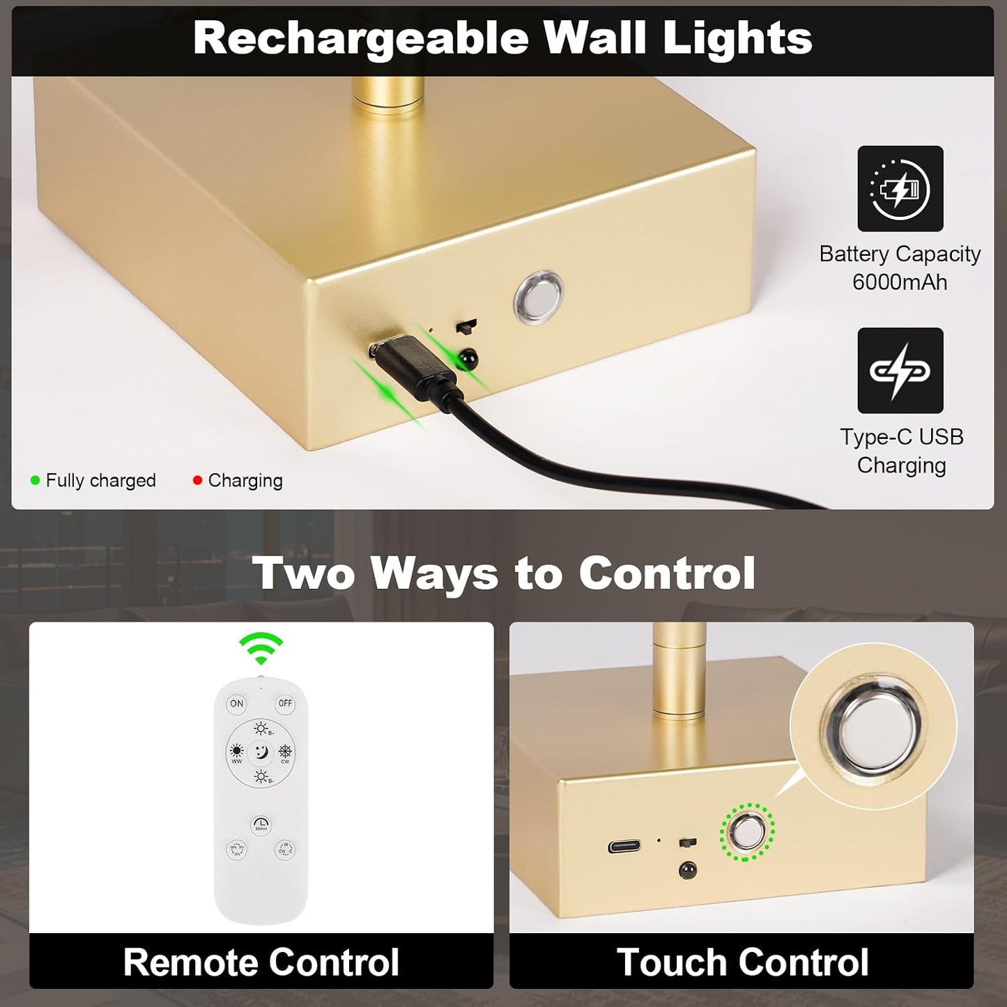Battery Operated Wall Sconce Set of Two with Remote Control, 3000K-6000K Dimmable Gold Wall Lights, Timable LED