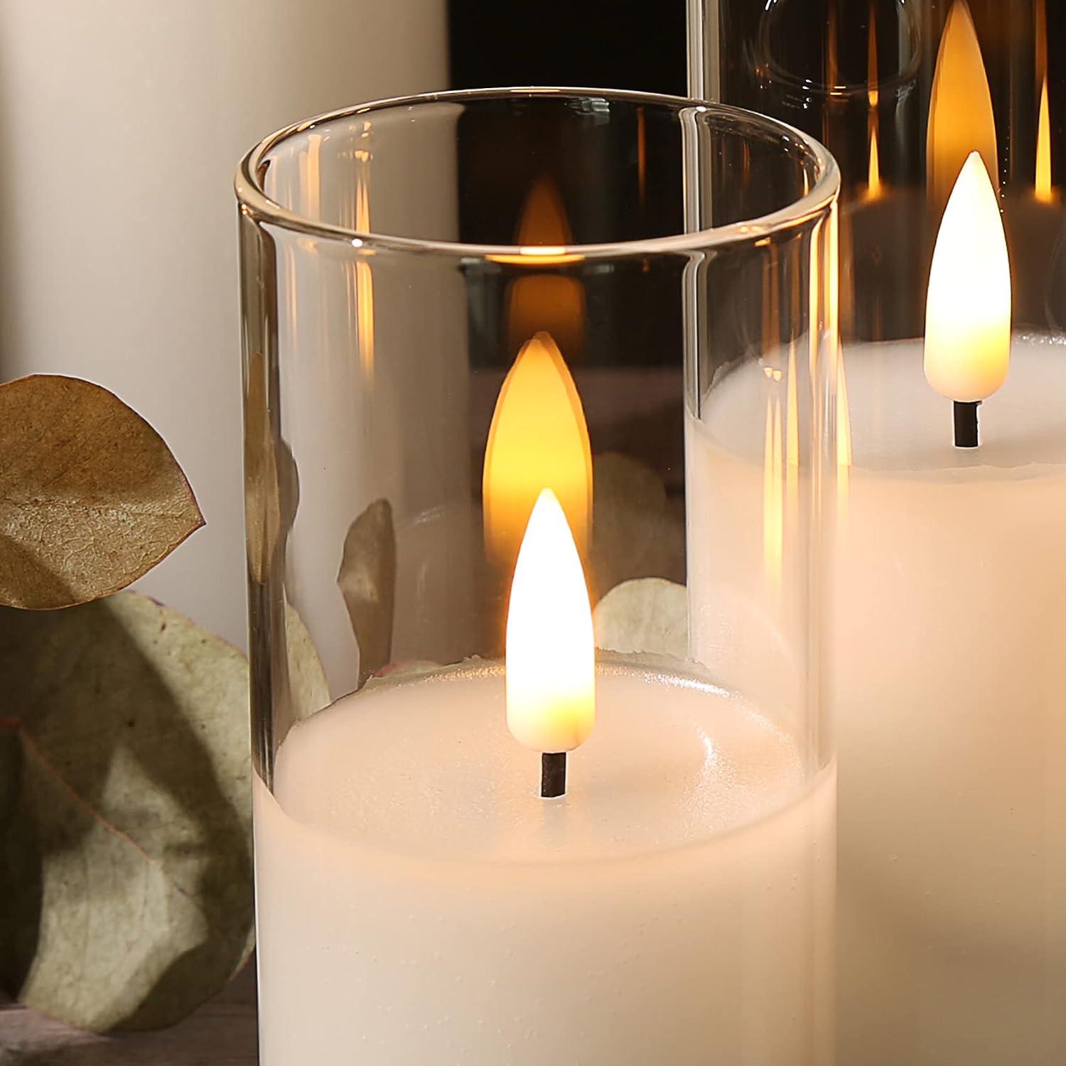 Clear Glass Fake Pillar Candles with Remote Batteries Set of 5 | Flickering Tall Flameless LED Candles, Wedding Home