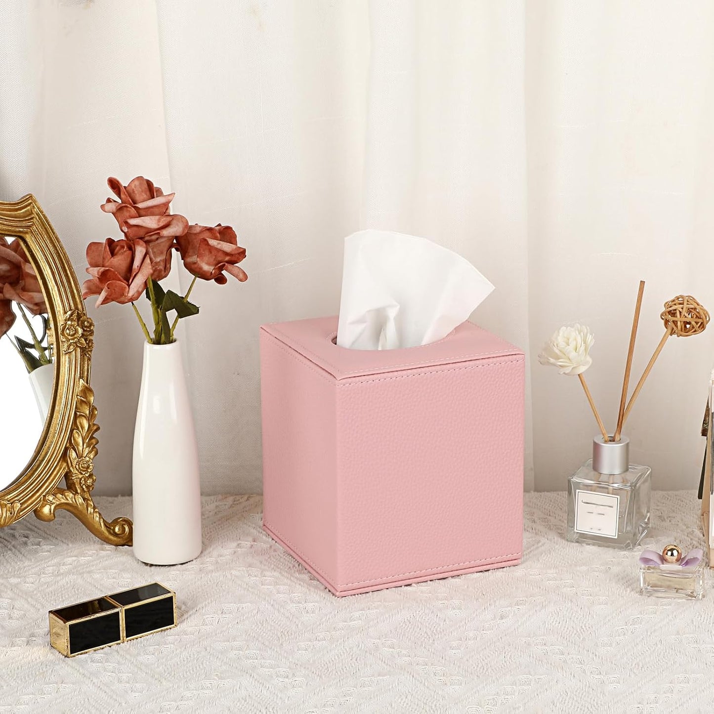 Tissue Box Cover Square Tissue Box Stylish PU Tissue Box Holder / Pink