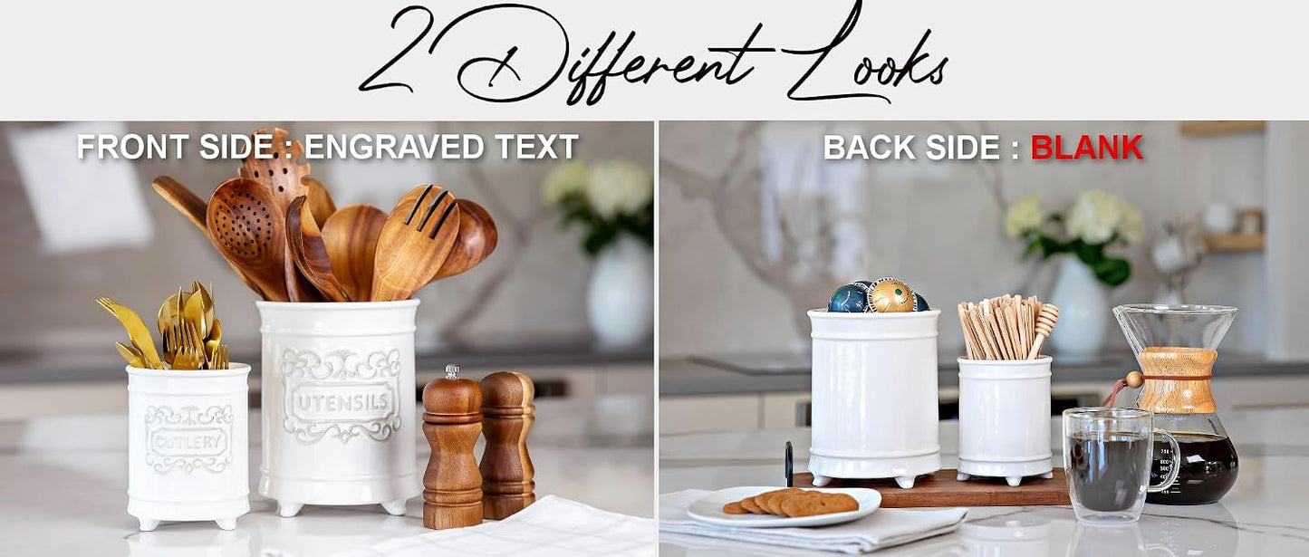25DOL Large 7.5"+5.5" Elegant Ceramic Utensil Holder for Countertop, Cooking Utensils Organizer for Spatula, Large