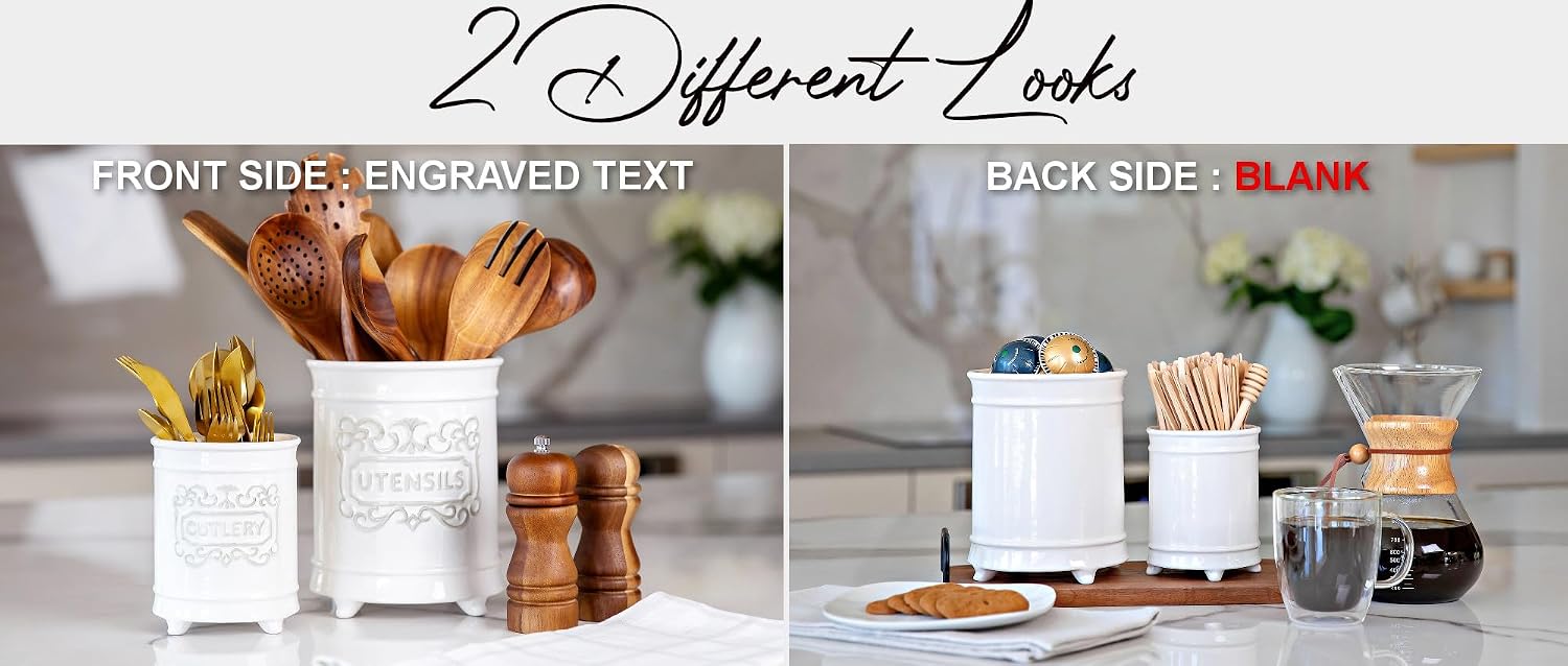 25DOL Large 7.5"+5.5" Elegant Ceramic Utensil Holder for Countertop, Cooking Utensils Organizer for Spatula, Large