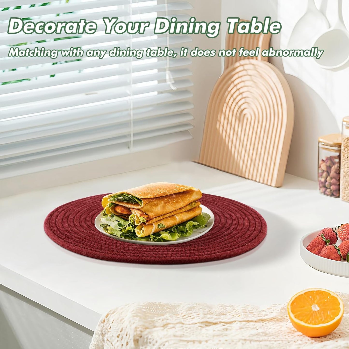 Aertiavty 8 Pack Round Woven Placemats for Christmas 13.5 Inches Red Heat Resistant Placemats Farmhouse Cotton Rope