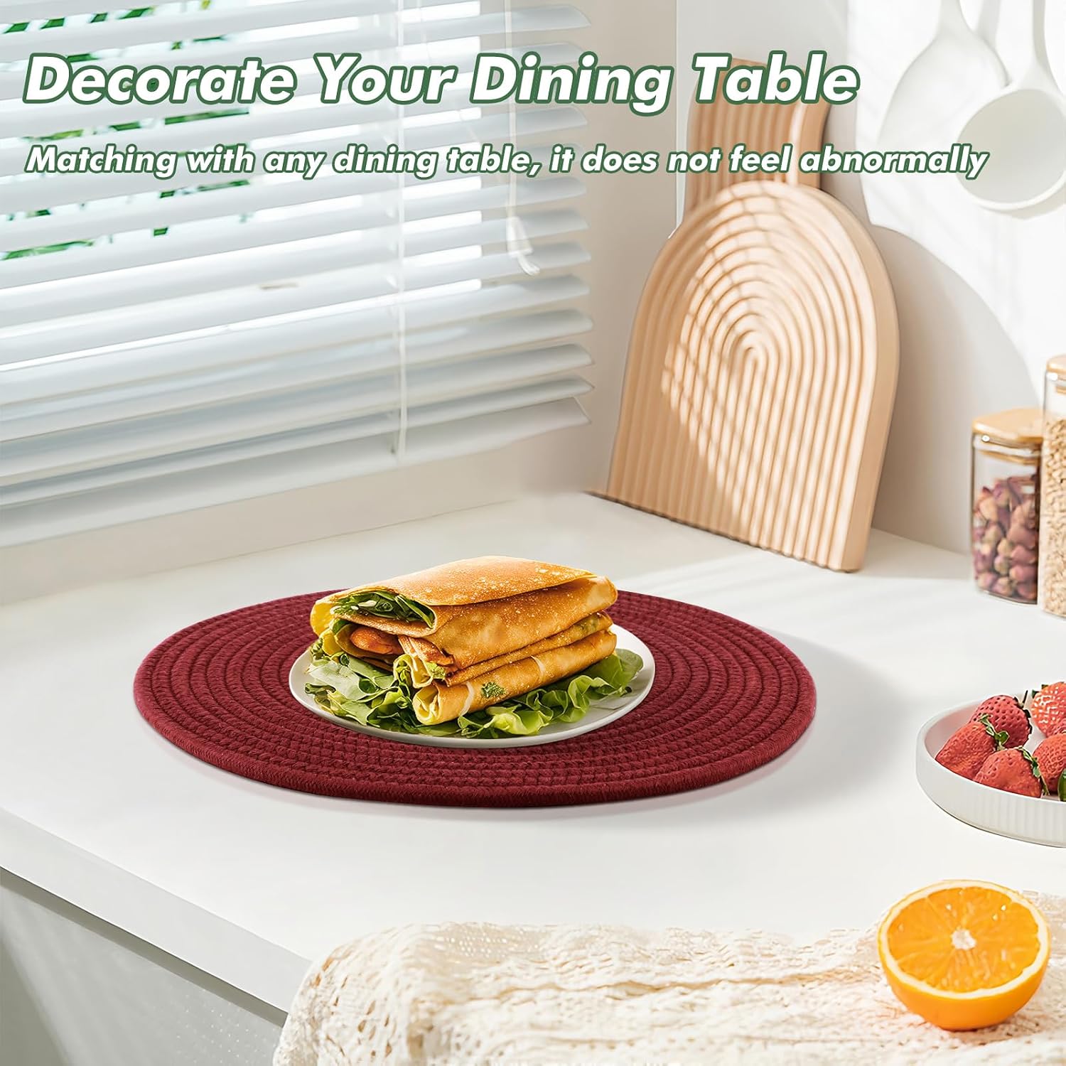 Aertiavty 8 Pack Round Woven Placemats for Christmas 13.5 Inches Red Heat Resistant Placemats Farmhouse Cotton Rope