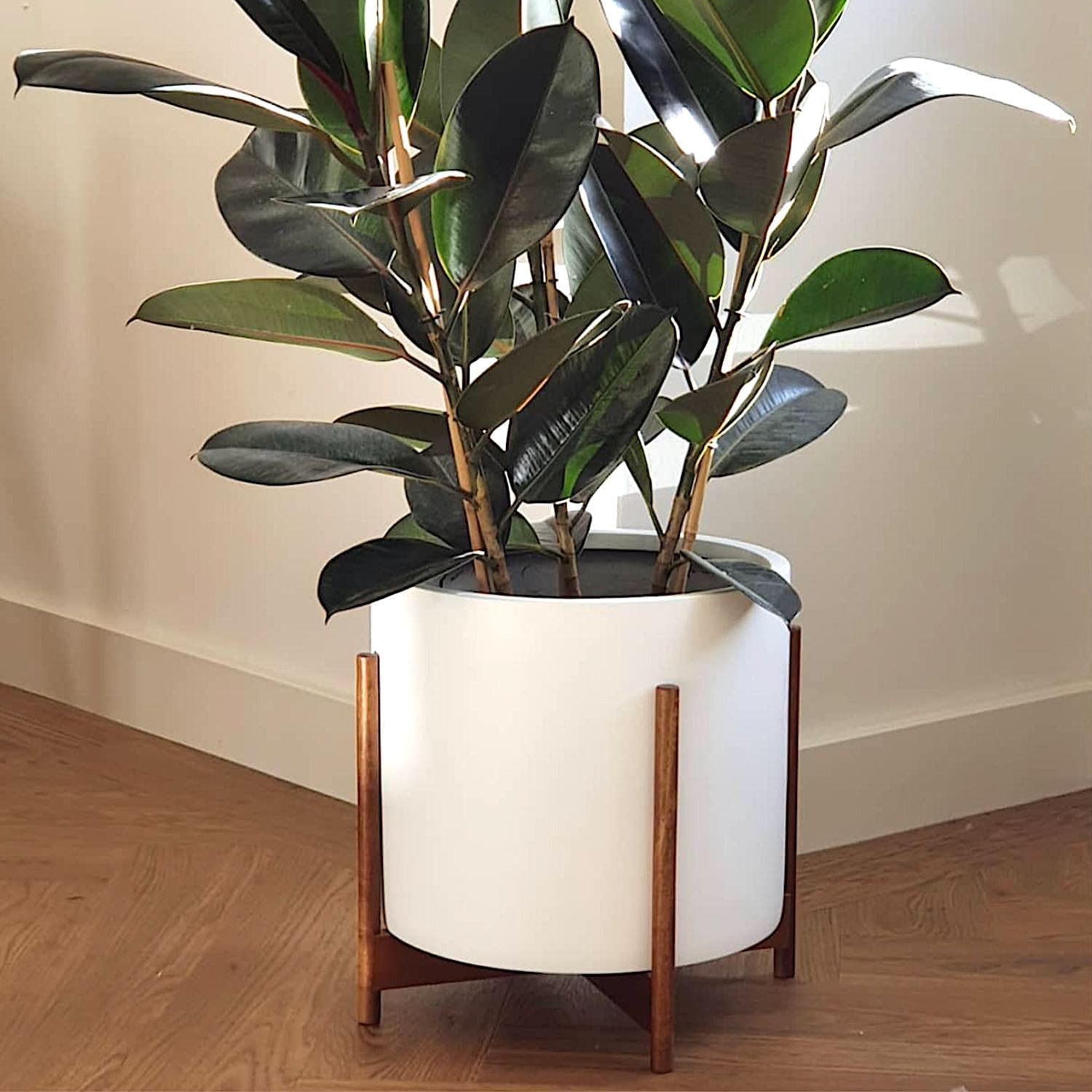 Fox & Fern Mid Century Plant Stands for Indoor Planters, Acacia, 14.9 Inch | Plug In Design, Holds 200 lbs, Two High