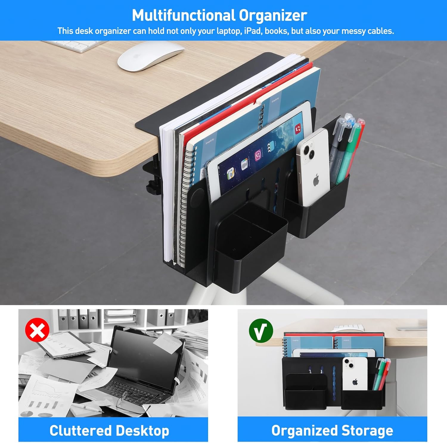 MAXECHO Desk Side Storage, Under Desk Laptop Mount, Table Side Hanging File Organizer, No Drill Clamp On Cable