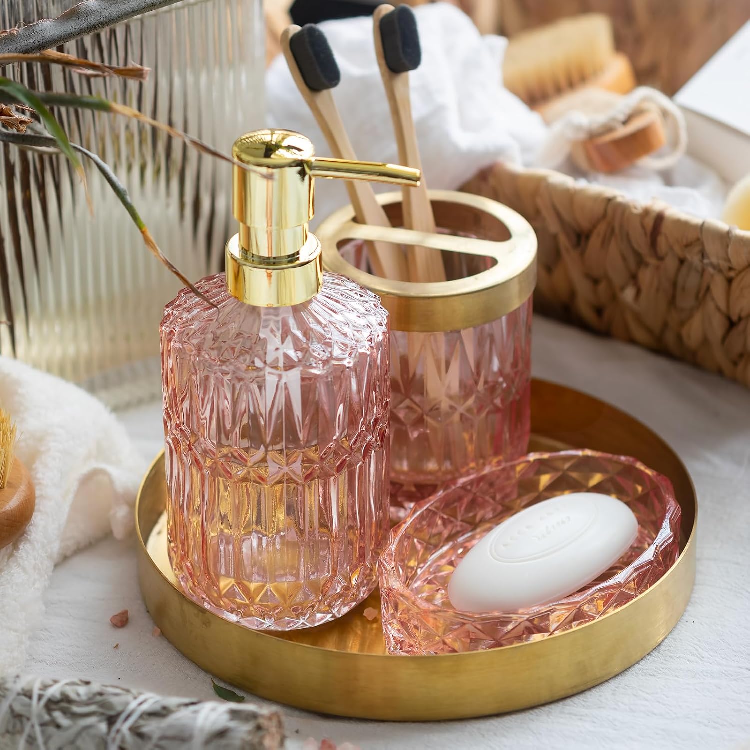 EMPO 6PCS Bathroom Clear Glass Accessories Set (Lotion Soap Dispenser, Soap Dish, Toothbrush Holder, Tumbler, Cotton