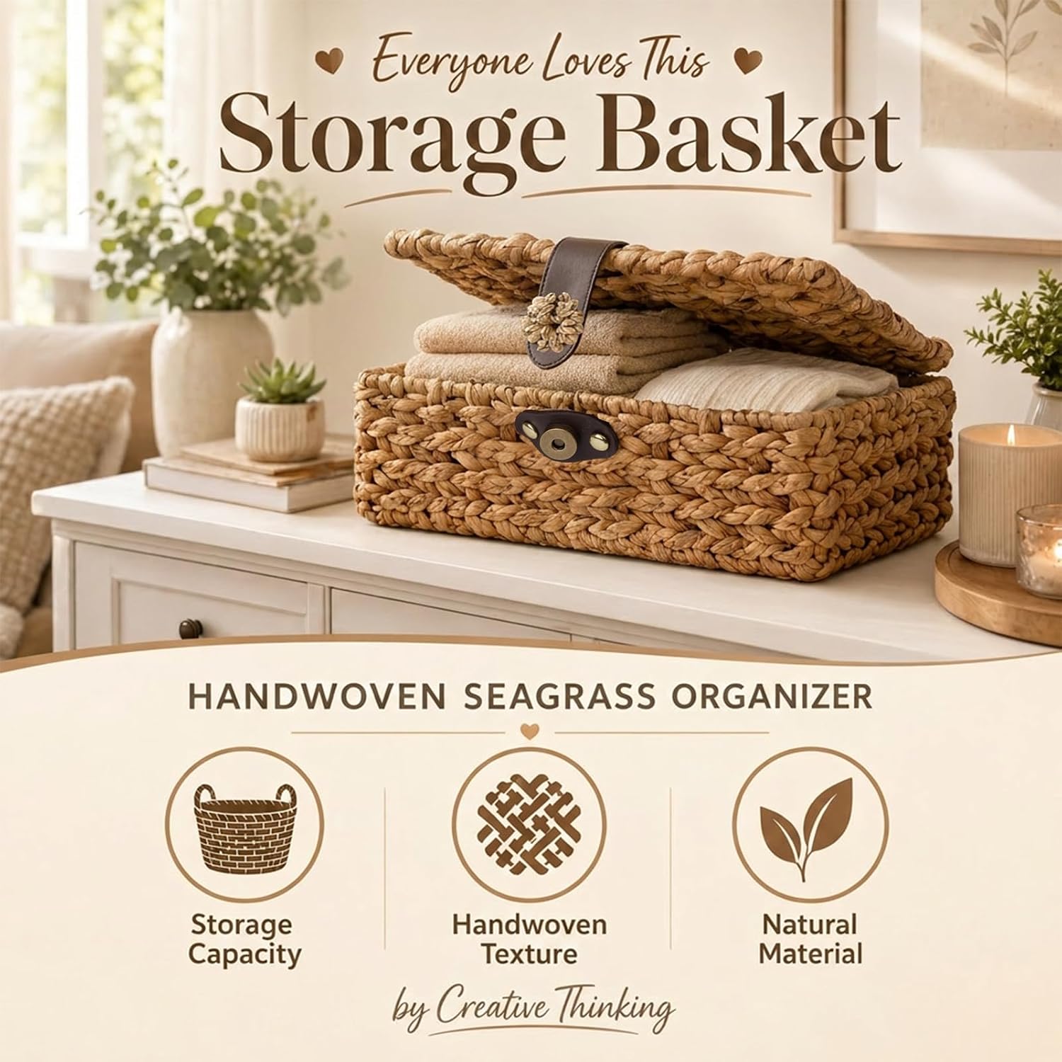 Wicker Basket / Decorative Woven Storage Basket / Natural / 14.17 x 10.6 x 3.14