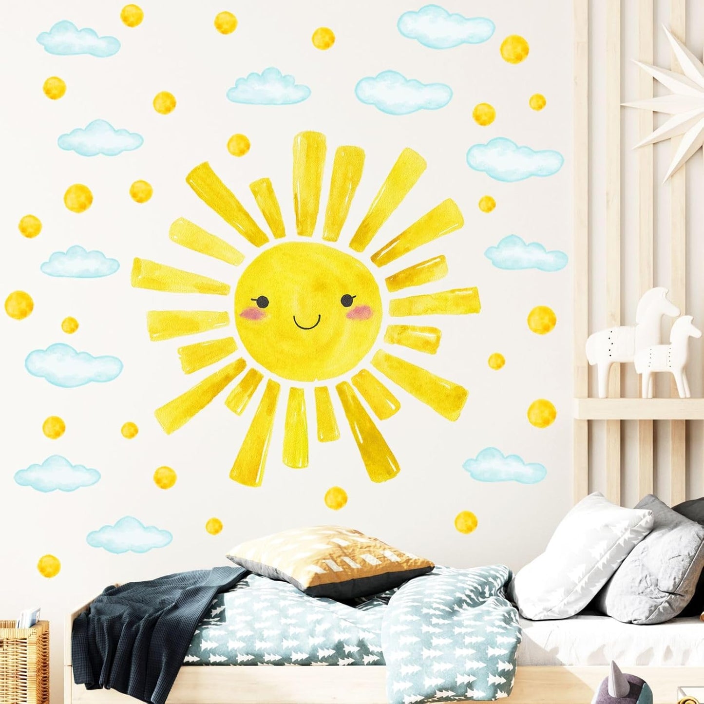 Watercolor Large Sun Wall Decals Cloud Polka Dots Wall Stickers for Kids Room / Smile Sun