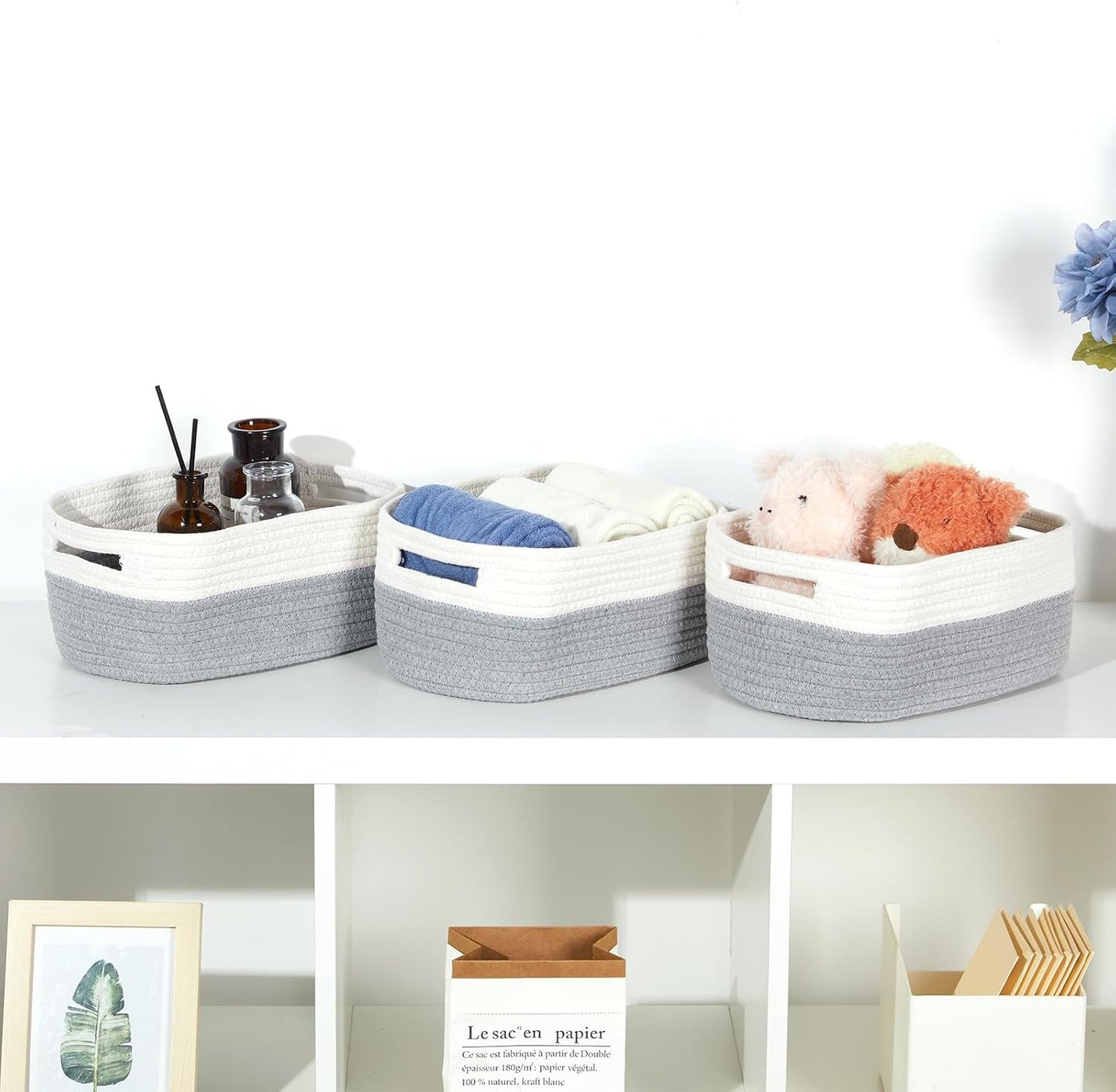 Small Cotton Rope Storage Baskets for Organizing Woven / 11.8 x 7.8 x 5 / White&grey / Set of 3
